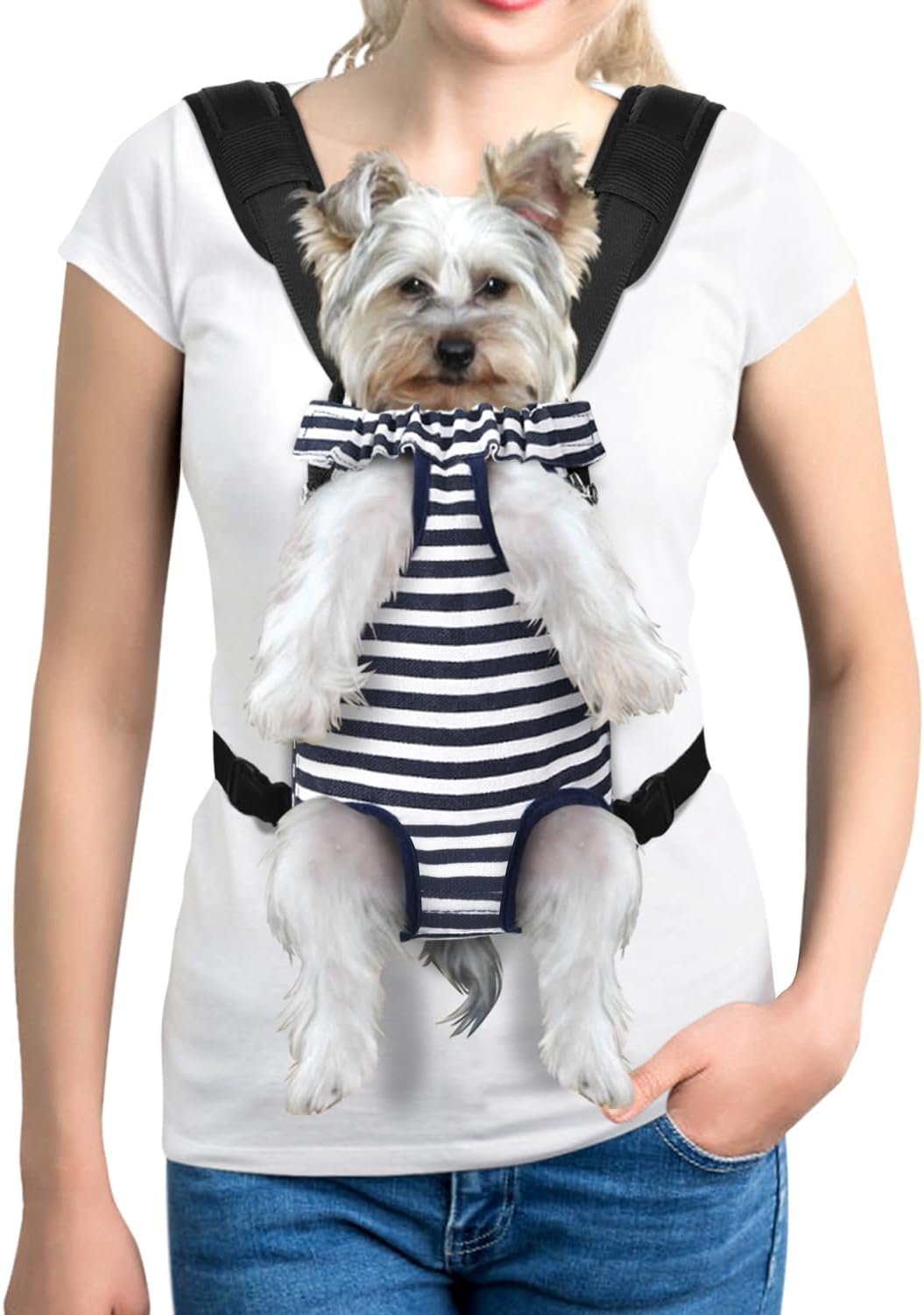 YUDODO Pet Dog Carrier Backpack Adjustable Dog Front Carrier, Legs Out Easy-Fit Dog Travel Backpack Carrier for Hiking Camping for Small Medium Dogs Cats and Rabbits (Medium, C-Blue White Strip)