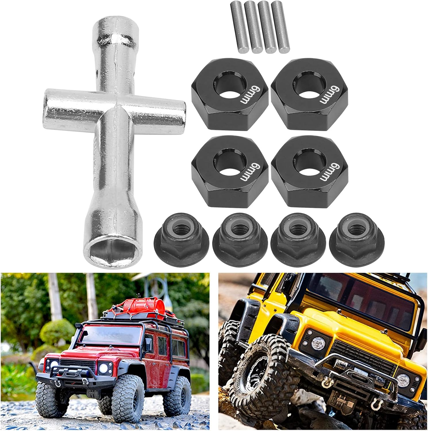 Wheel Hex Hub Adapter Set, Lock Nuts Cross Wrench Set 12Mm Wheel Hub Adapter 1/10 RC Car Upgrade Parts 6Mm for 1/10 RC Car(Black) image number 5
