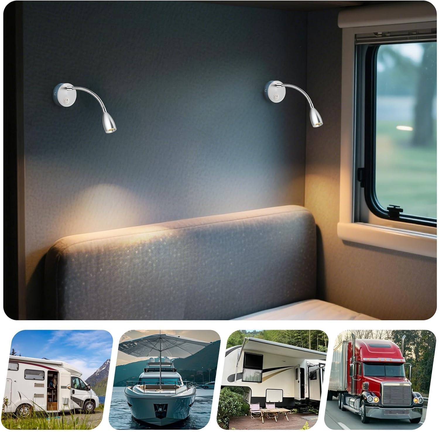 ERWEY 2 LED Reading Lamps, 12 V Motorhome, 3 W, 3000 K Wall Light, Bed Lamp with Flexible Gooseneck and USB Charging Port, DC12-24 V Spot for Boat, Yacht, Car, Van, Caravan, Interior Lighting, Silver image number 4