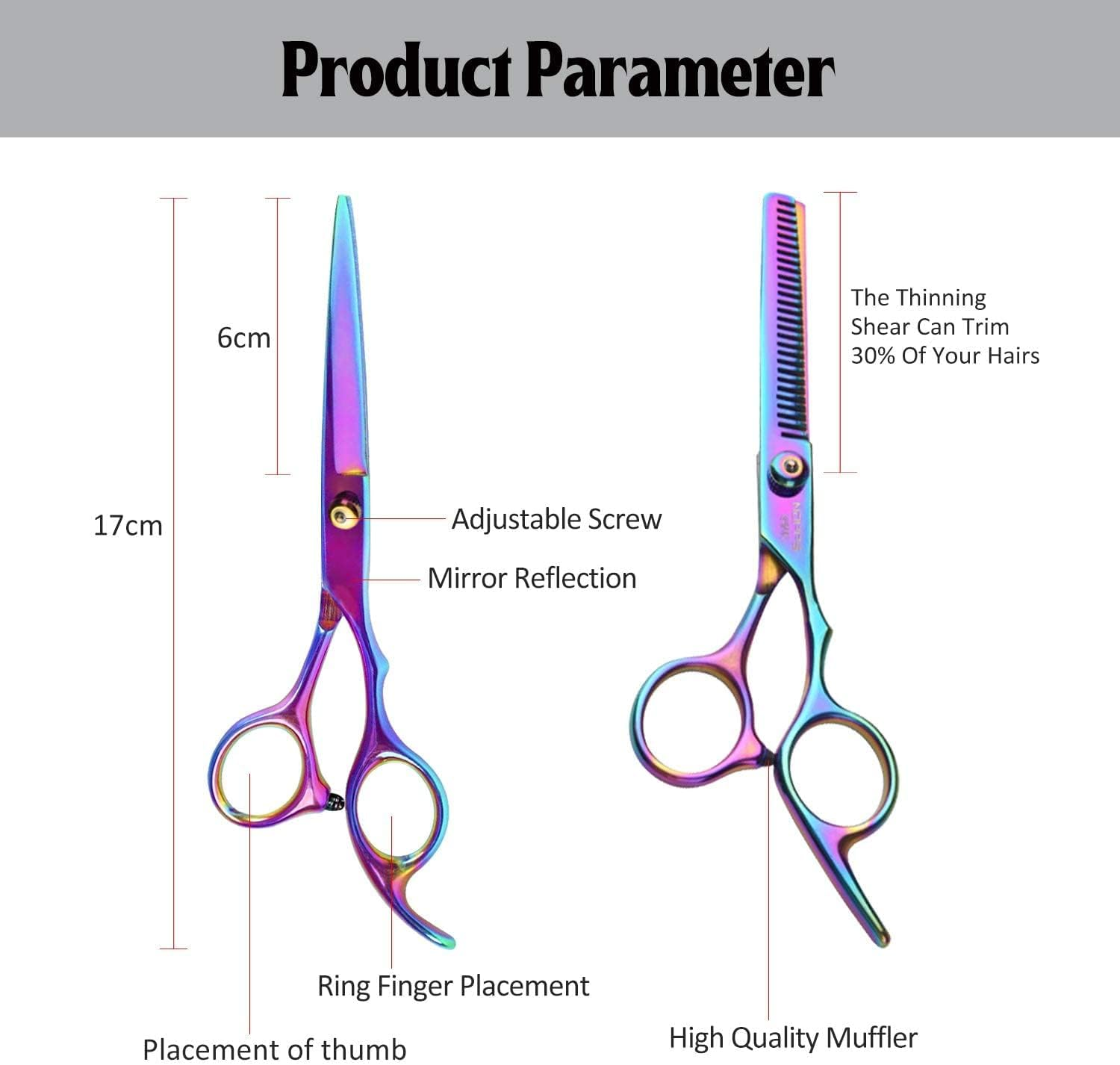 Vivva Hair Cutting Scissors Kit,10 Pcs Professional Haircut Scissors Kit with Cutting Scissors,Thinning Scissors,Comb,Barber Cape,Hair Clips,Hairdressing Shears Set for Barber and Home Rainbow image number 4