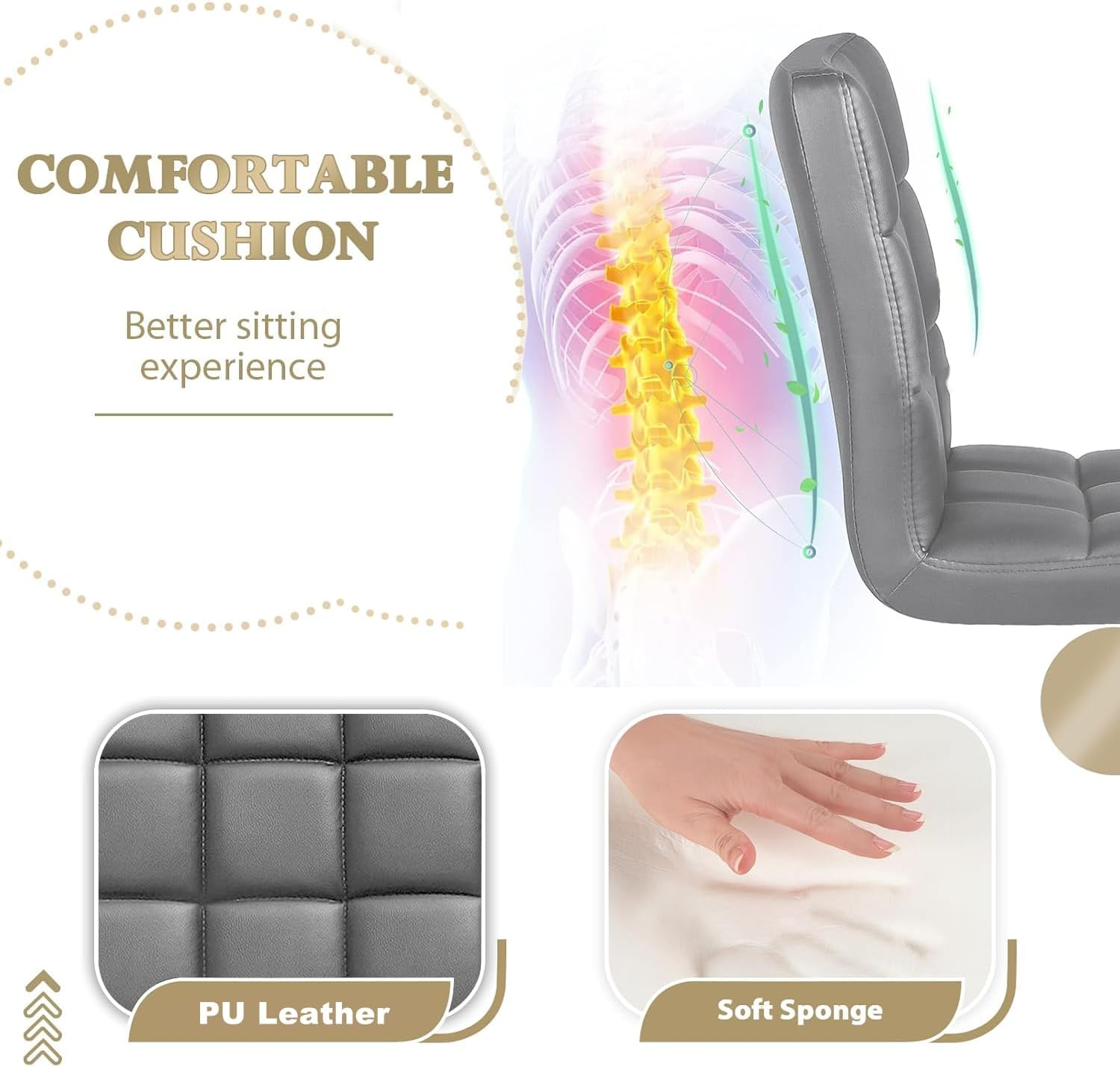 LIODUX Vanity Chair, PU Leather Makeup Armless Chair with Back, Ergonomic 360&deg; Rolling Swivel Stool, Adjustable Modern Height Vanity Stool, Salon Spa Stools with Wheels for Home Work Office (Grey) - Black image number 3