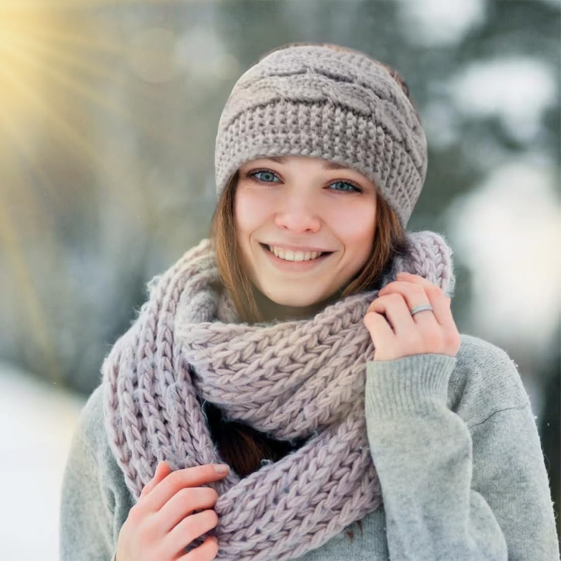 GGUFAY Women'S Winter Headband, Knitted Warm Headbands, Ear Warmers, Headband, Hair Band, Thick for Women and Girls, Elastic Crochet Thermal Headband (Khaki, Light Grey)