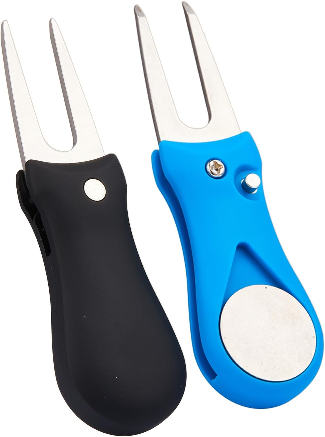 Golf Divot Repair Tool, 2 Pack Divot Fork with Magnetic Button Ball Marker, Stainless Steel Foldable Pop-Up Divot Turf Fork Metal Putting Fork Golf Green Tool for Golfers, Black & Blue image number 2