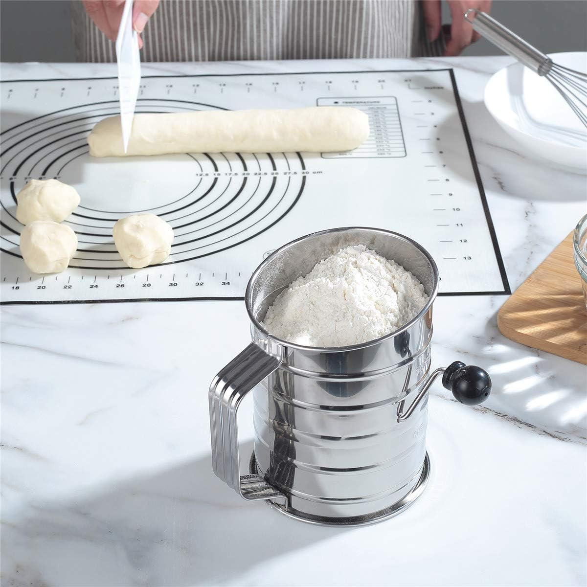 Flour Sifter for Baking Stainless Steel 3 Cup with 4 Wire Agitator Rotary Hand Crank 16 Fine Mesh Screen,Corrosion Resistant Baking Sieve Cup image number 1