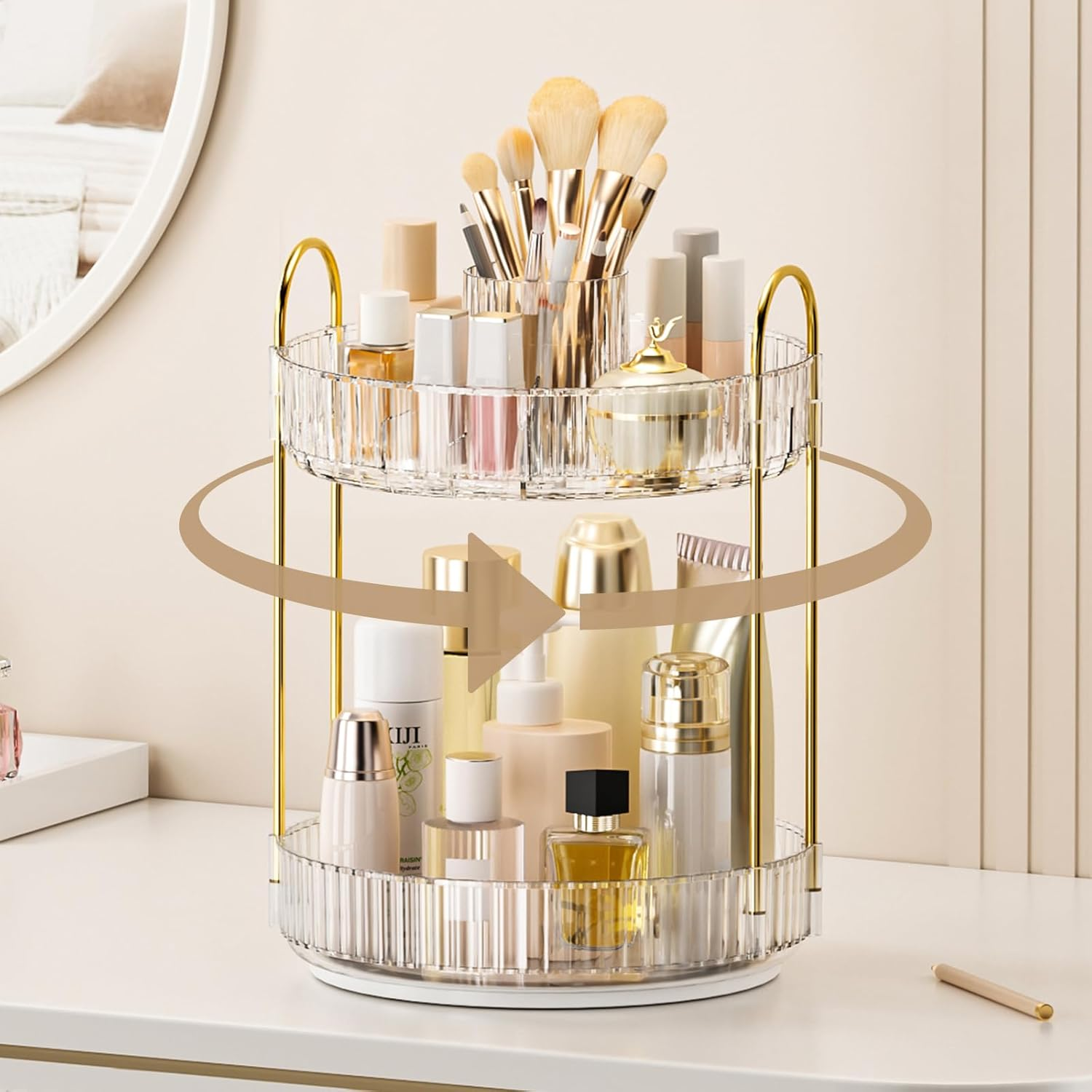 360&deg; Rotating Makeup Organizer, Upgraded 2 Tier Skincare Perfume Organizers for Women, Bathroom Organizer Countertop, Clear Cosmetic Dresser Organizer with Makeup Brush Holder, Sink&Counte (Clear) image number 6