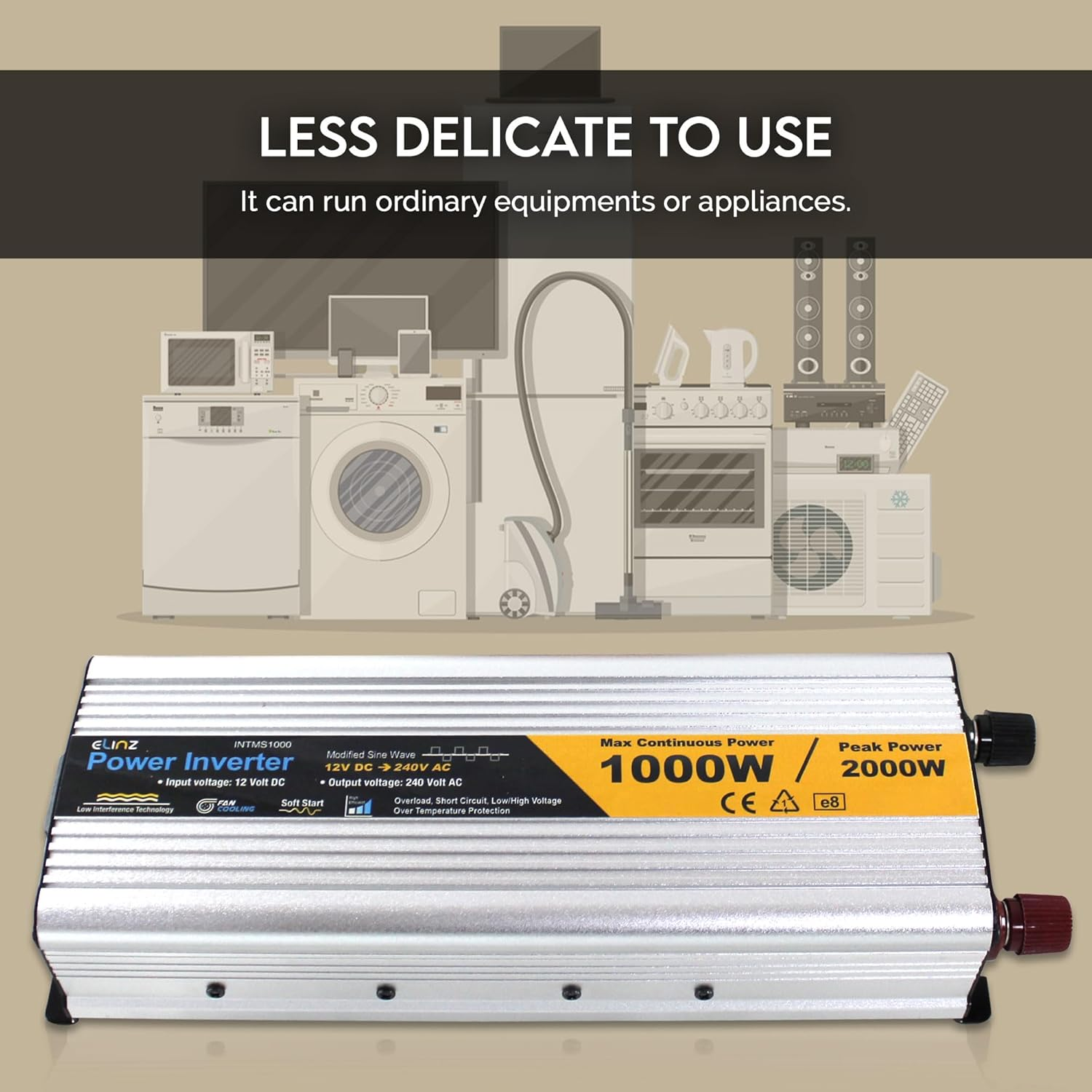 Elinz 1000W / 2000W 12V-240V Power Inverter Modified Sine Wave Camping Caravan Boat 2 Years Wty USB, >90% Efficiency, Compact, High Voltage Input Protection image number 5