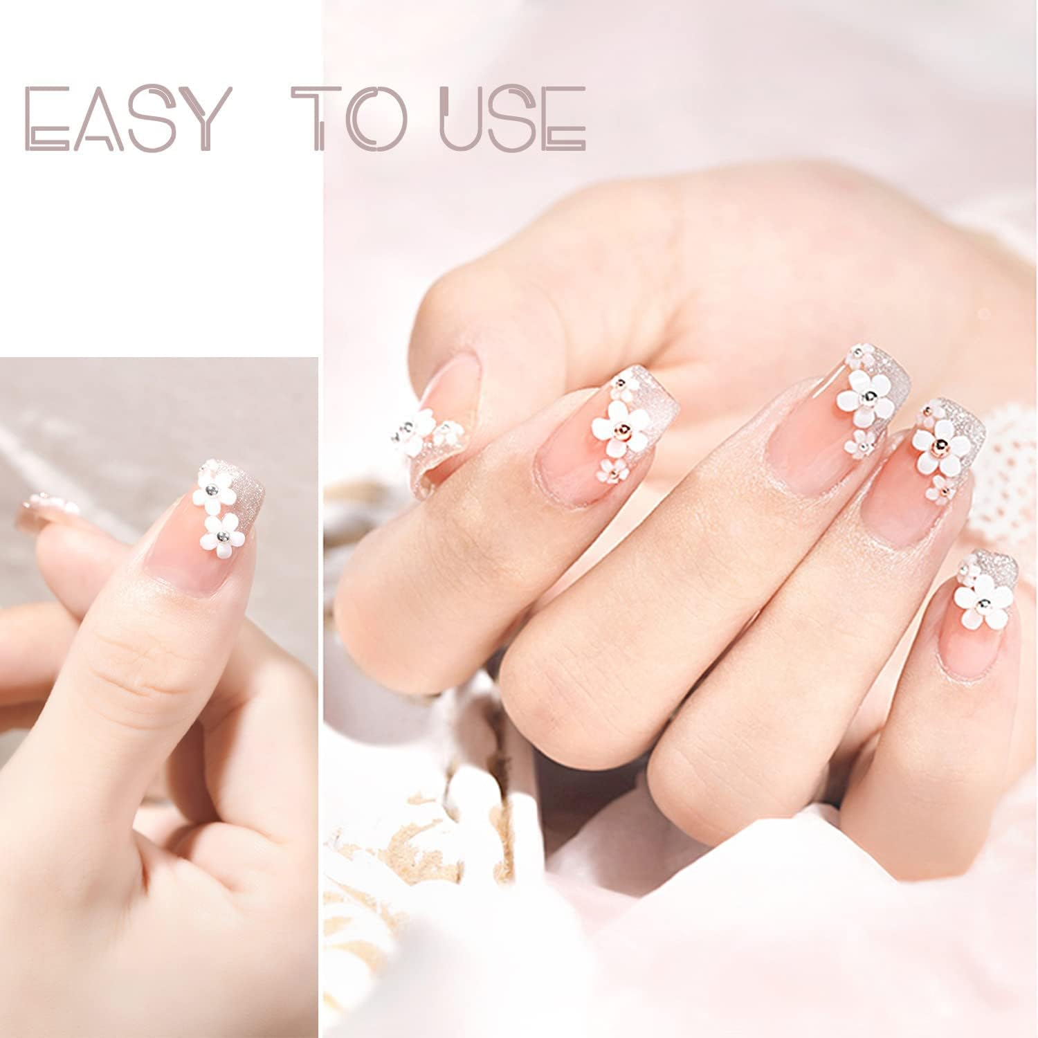 3D Flower Nail Charms, 3 Boxes 3D Acrylic Flower Nail Art Rhinestones with Gold Silver Pearl Beads Tweezers Included Spring Blossom Petal for DIY Nail Decorations image number 4