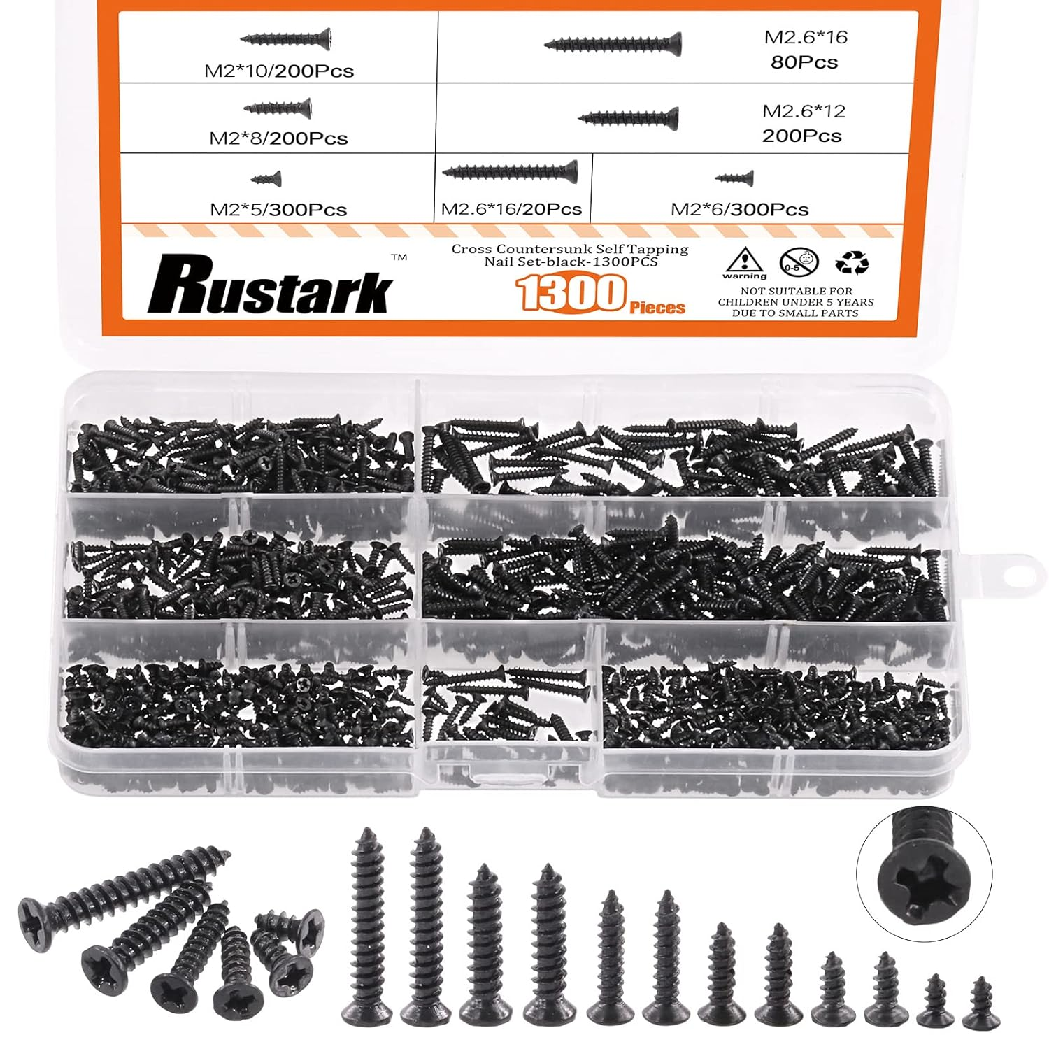 Rustark 1300Pcs M2 M2.6 Gold Flat Head Phillips Cross Small Wood Screws Tapping Screws Electronic Screws Assortment Kit 5Mm 6Mm 8Mm 10Mm 12Mm 16Mm Tapping Screws Small Metric Micro Screw Set