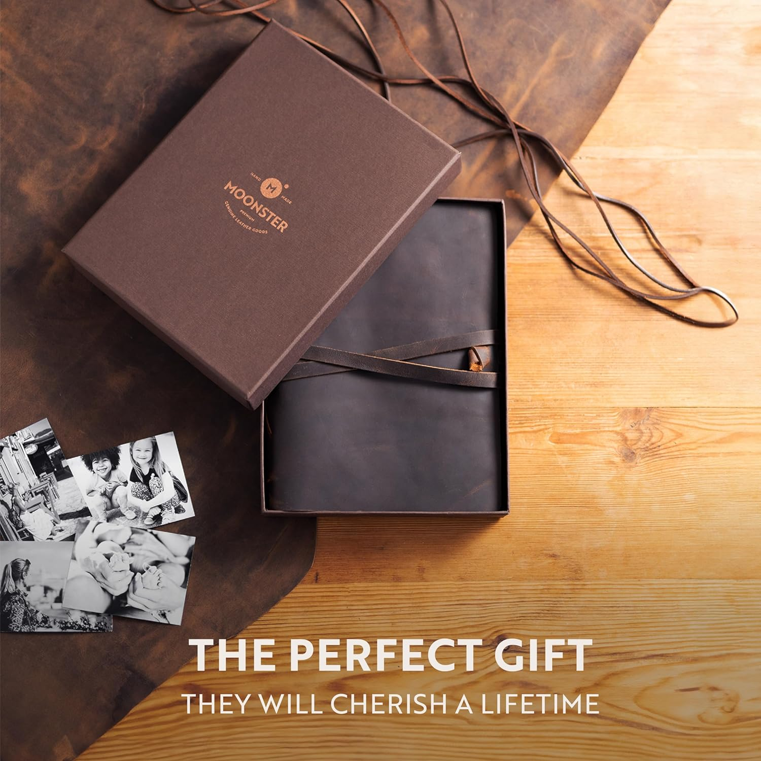 MOONSTER Leather Photo Album Scrap Book &ndash; Handcrafted Full Grain Buffalo Leather Scrapbook and Photo Albums for Photos W/Leather Strap &ndash; Beautiful Handmade Wedding Photo Album Book, Photo Book By image number 4