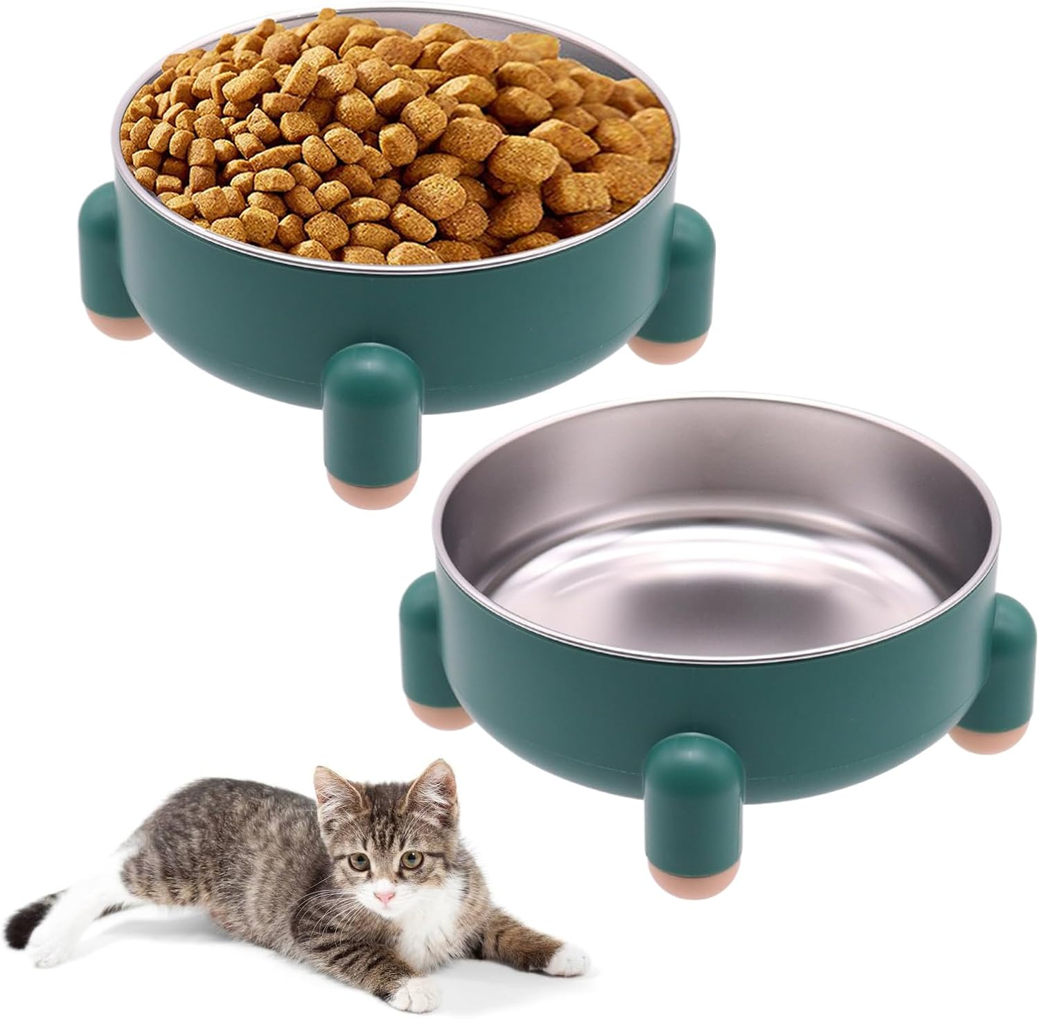 2-Pack Stainless Steel Cat Bowls - Non-Slip Tilted Metal Pet Food Bowls for Cats & Small Dogs, Prevents Feline Acne, Dishwasher Safe, Nordic Design, 3 Cups (24 Oz Each), Green image number 4