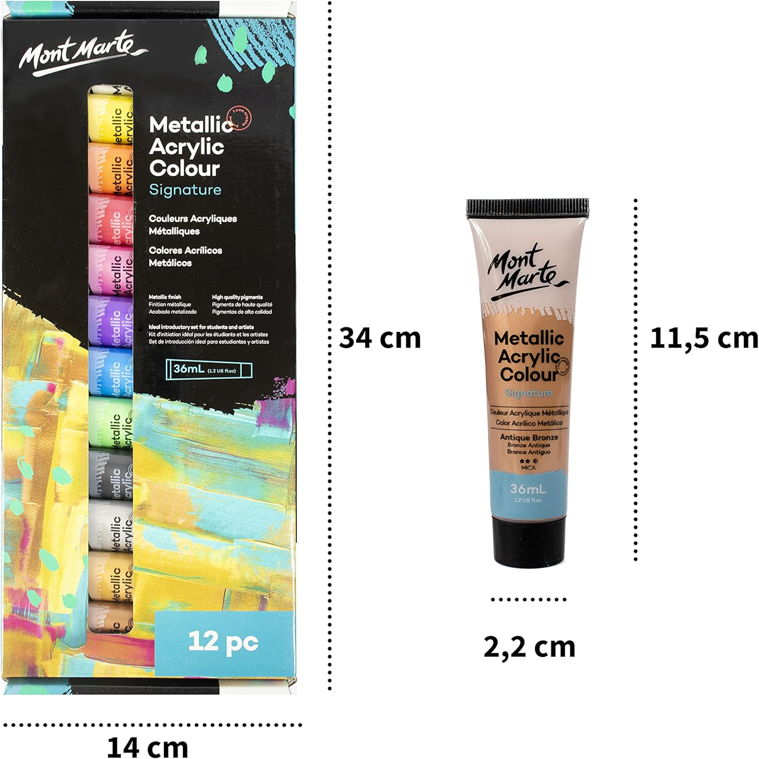 Mont Marte Metallic Acrylic Colour Paint 12-Pieces Set, 36 Ml