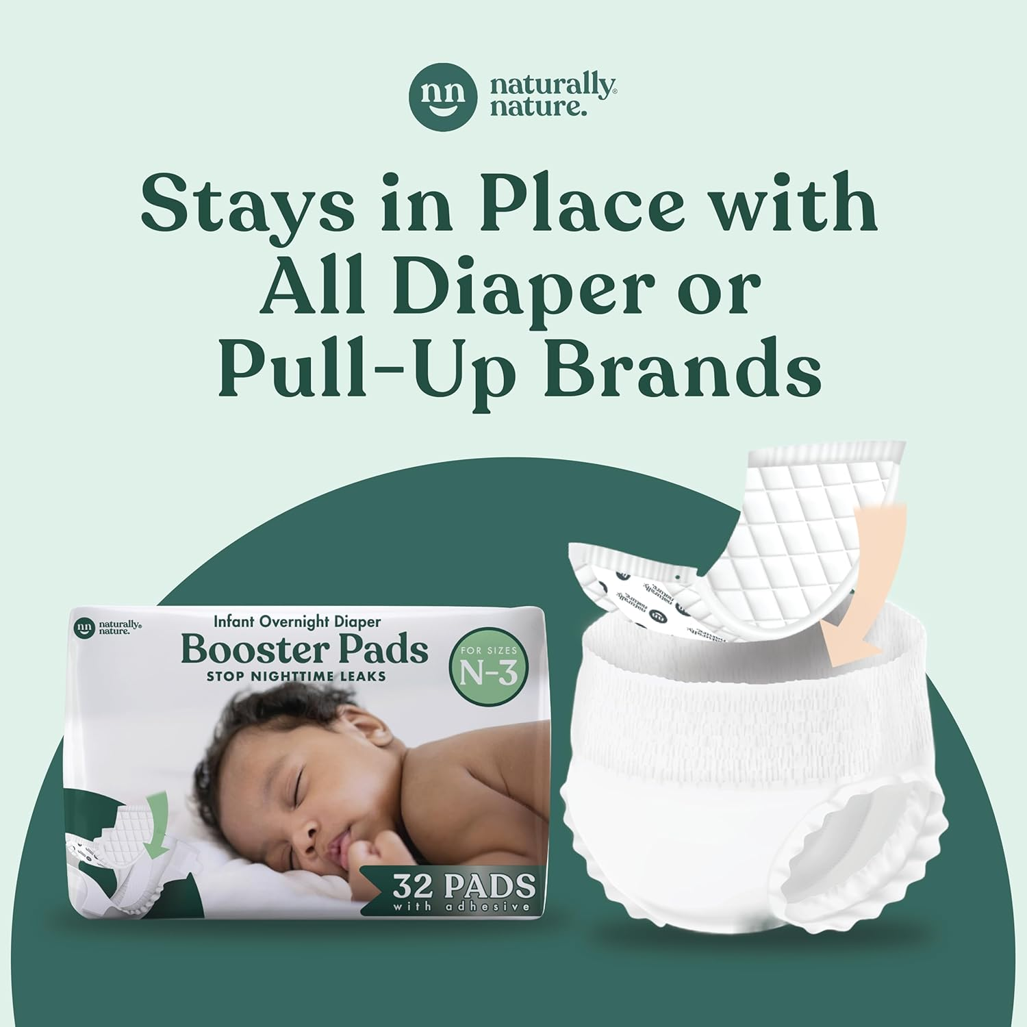 Naturally Nature Overnight Leak-Protection Diaper Booster Pads, for Heavy Wetters, Diaper Liners for Baby Overnight Diapers - Size N-3 Girls, 32-Pack image number 4
