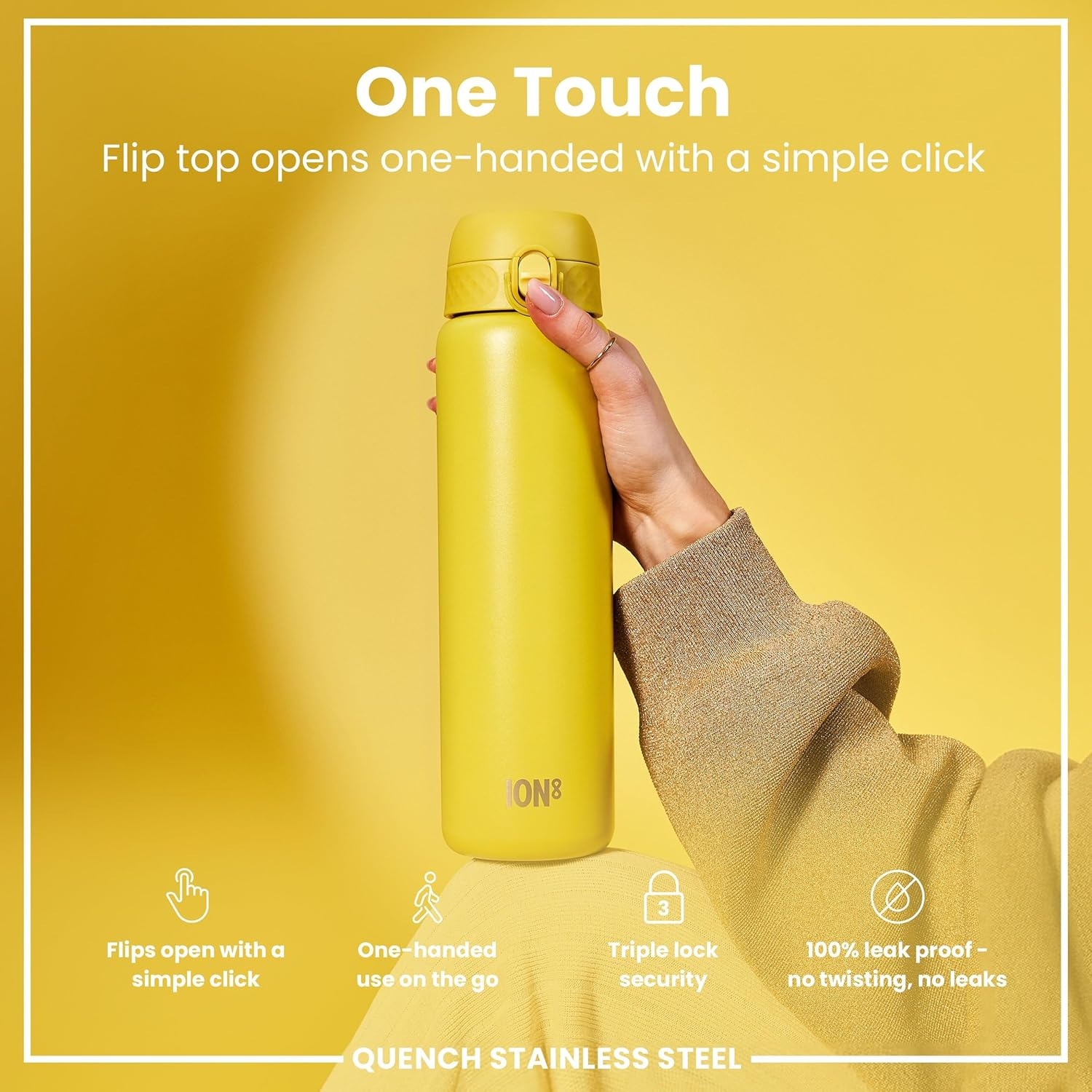 ION8 1 Litre Lightweight Stainless Steel Drinking Bottle, Non-Insulated, Leak-Proof, One-Handed Opening, Secure Locking, Dishwasher Safe, Hinged Lid, Carry Handle, Easy to Clean, Yellow - Yellow image number 4