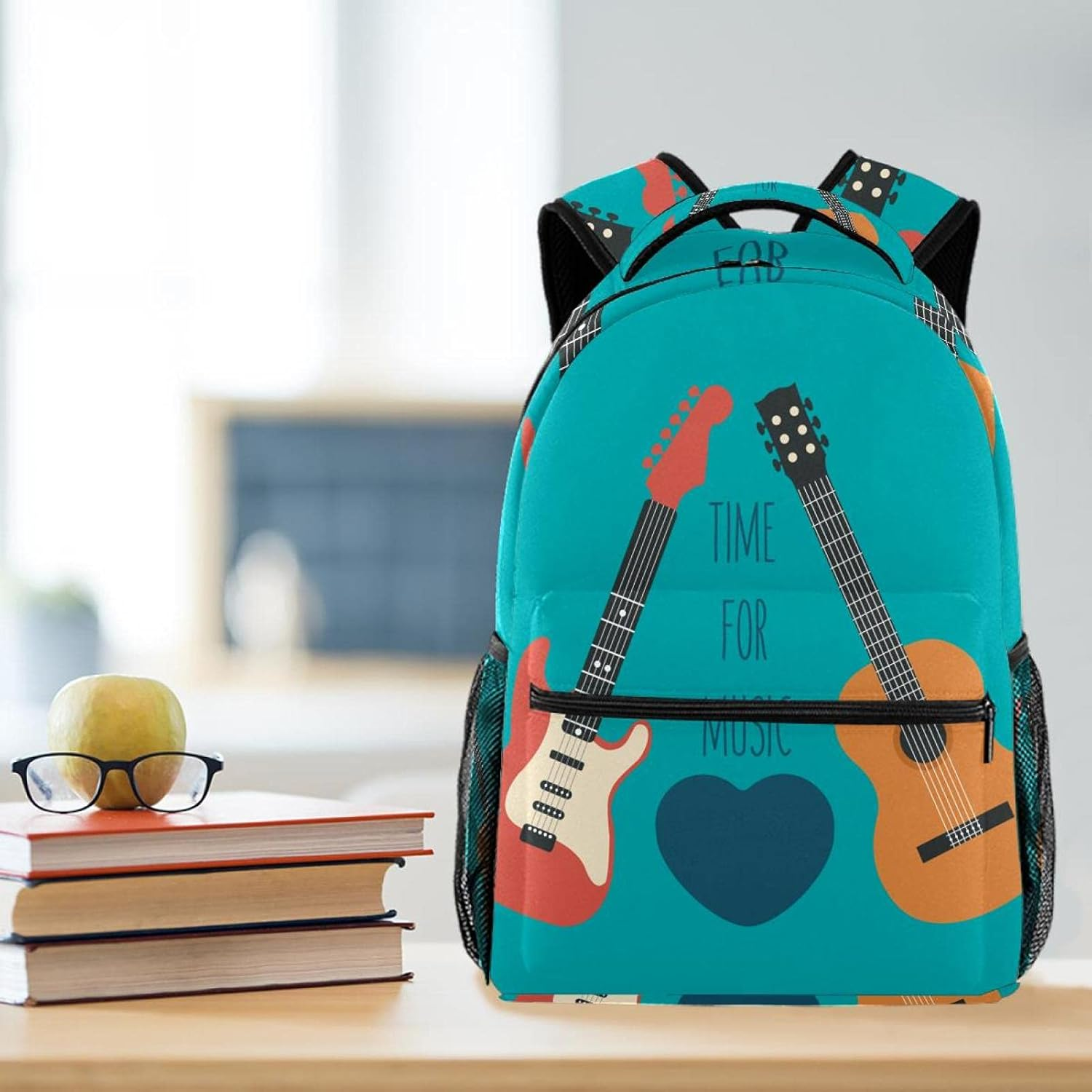Electric Guitars and Red Love Heart Backpack Students Shoulder Bags Travel Bag College School Tote Backpacks image number 2