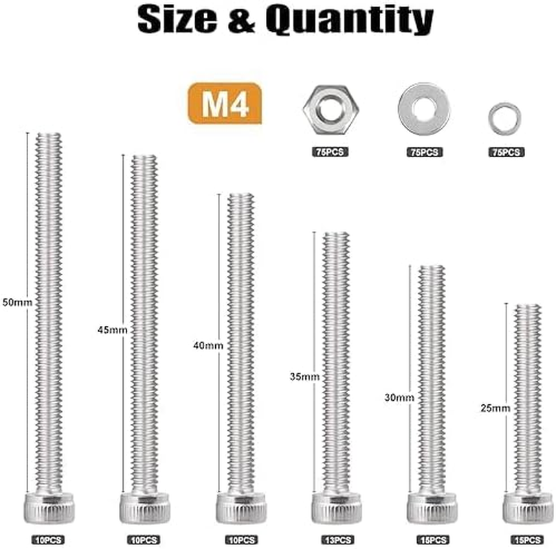 298Pcs M4 Screws Assortment, M4 Screws Bolts for 3D Printer DIY, Hex Socket Head Cap Screw Bolts Nuts Washer Kit, 304 Stainless Steel, M4X25/30/35/40/45/50Mm (298, M4X25/30/35/40/45/50Mm) image number 4