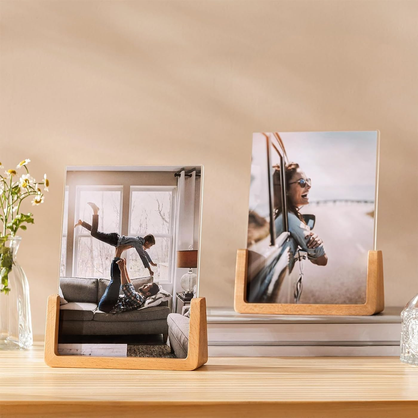 5X7 Wood Picture Frame Set of 2 Rustic Wooden Photo Frames with Base U Shaped Double Sided High Definition Acrylic Covers Menu Holder Sign Card Stand for Tabletop or Desktop Display,Vertical Frame - 5 X 7 Inch Horizontal Frame image number 3