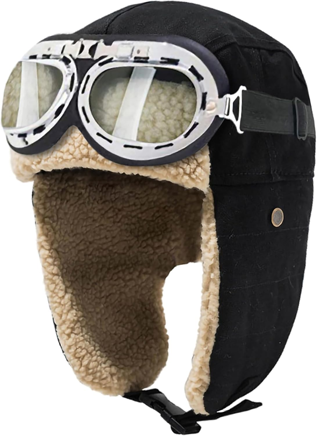 Peicees Vintage Aviator Hat and Goggles Costume Accessories Winter Snowboard Fur Ear Flaps Trooper Trapper Pilot Cap Motorcycle Goggles for Men Women Kids Youth