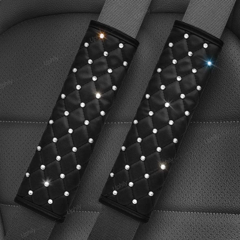 Uphily Black Leather Automotive Gear Shift Knob Cover - Car Interior Accessories Gear Shifter Cover with Bling Diamond Crystal Rhinestones for Women or Girls