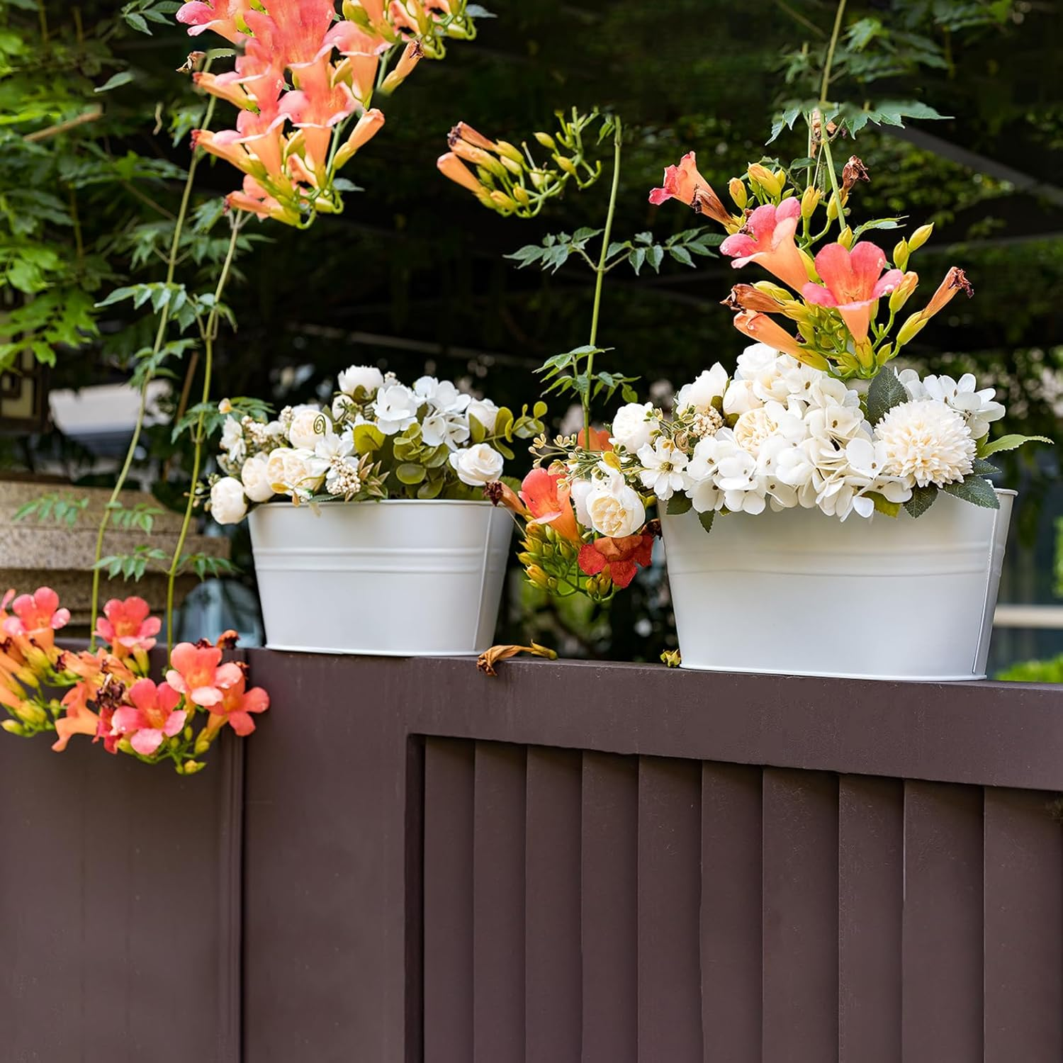 3 Pcs Pearl White Metal Hanging Flower Pots for Railing Fence, Outdoor Planter Window Flower Planter with Removable Hook&Gardening Gloves Drainage Holes for Home Decor image number 3