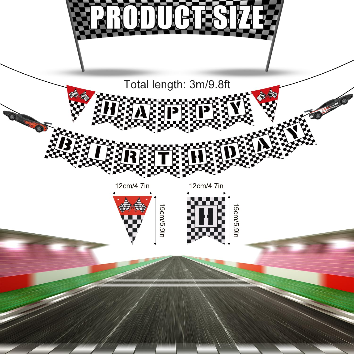 Race Car Birthday Banner, Black White Checkered Happy Birthday Banner Racing Themed Birthday Banner Race Car Party Decorations for Home Gardens Wall Office