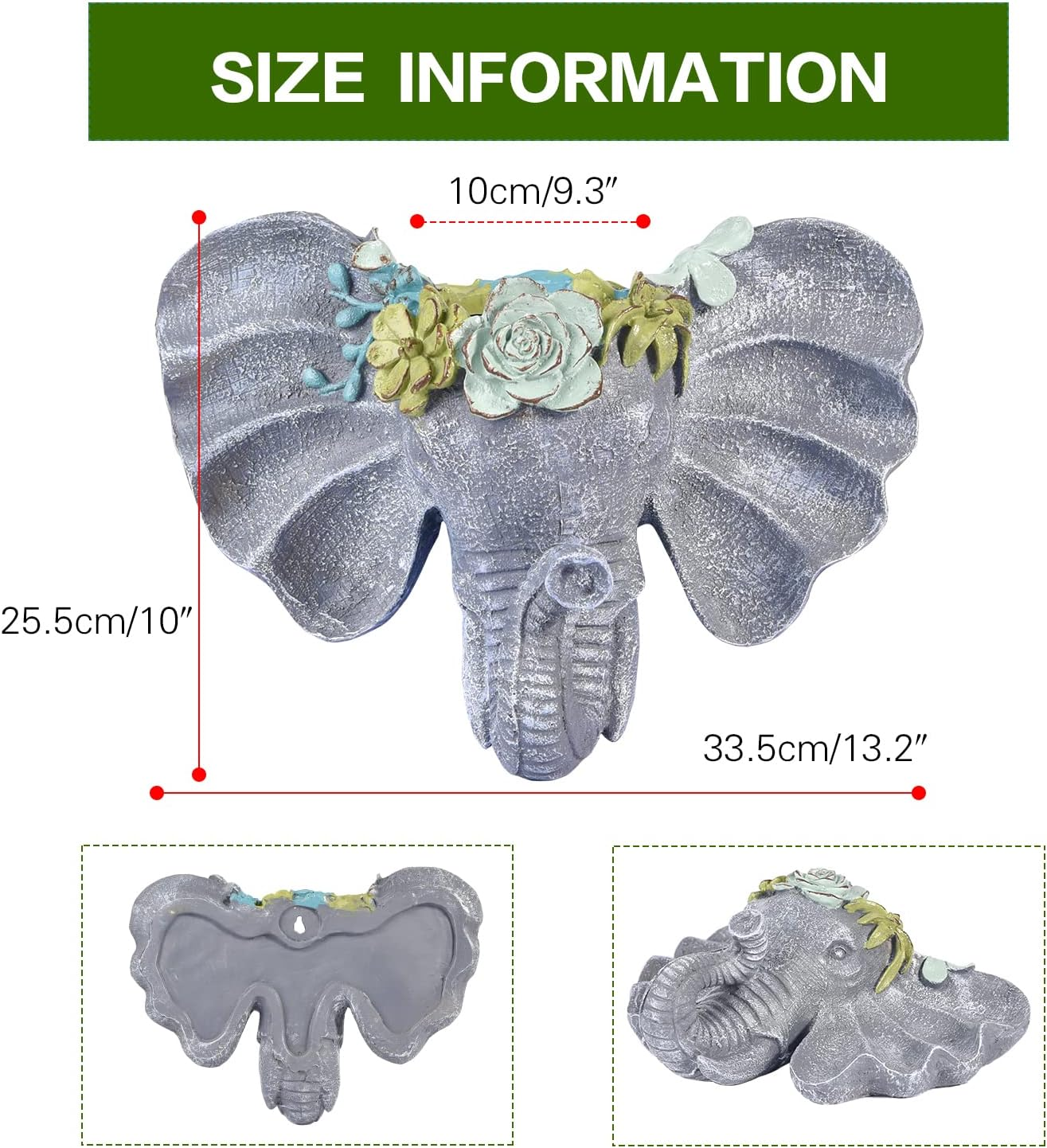 Sungmor Elephant Head Shaped Wall Hanging Planter Flower Plant Pot - Resin & Hand Painted & Grey - Sculpture Garden Wall Decoration Outdoor Plant Container image number 6