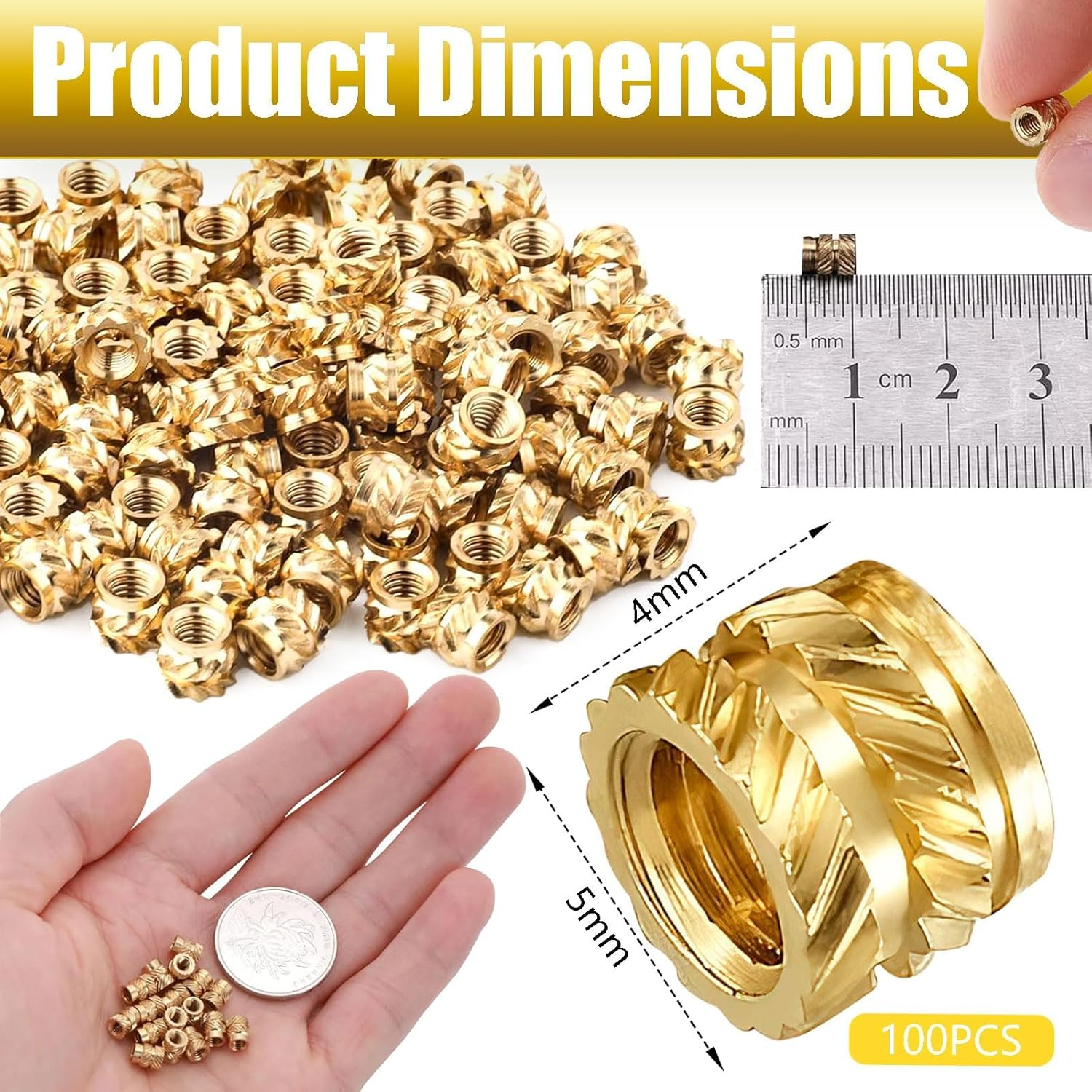 Threaded Inserts, 100 Pcs Knurled Brass Nuts, 3D Printing Brass Nuts for Wood, Plastic, Metal, Sheet Metal image number 3