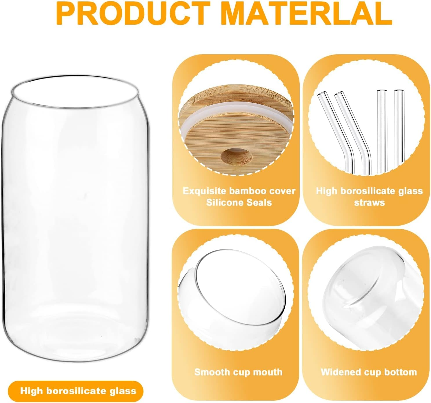 D.M DESIGN&middot;MASTER [Pack of 4, 590 Ml] Premium Drinking Glasses with Bamboo Lid and Glass Straws, Long Drink Glasses, Can-Shaped Glass Cups, Perfect for Beer, Cocktails, Iced Coffee, Iced Tea and Soda. image number 3