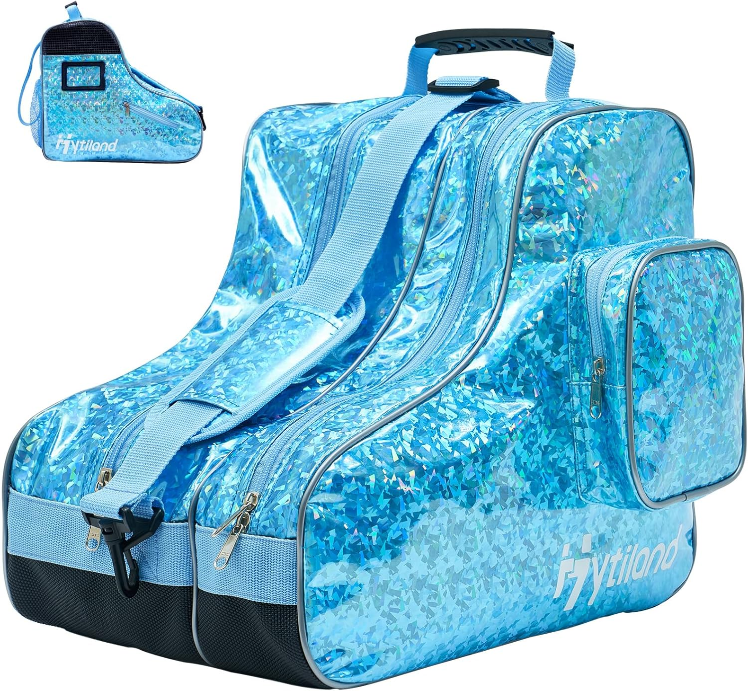 Roller Skate Bag Inline Skates Bag Stylish Plain Holographic Fashion Model Spacious Big Capacity Ice Skate Bag Breathable Mesh Waterproof & Durable Figure Skating Bag for Women and Youth