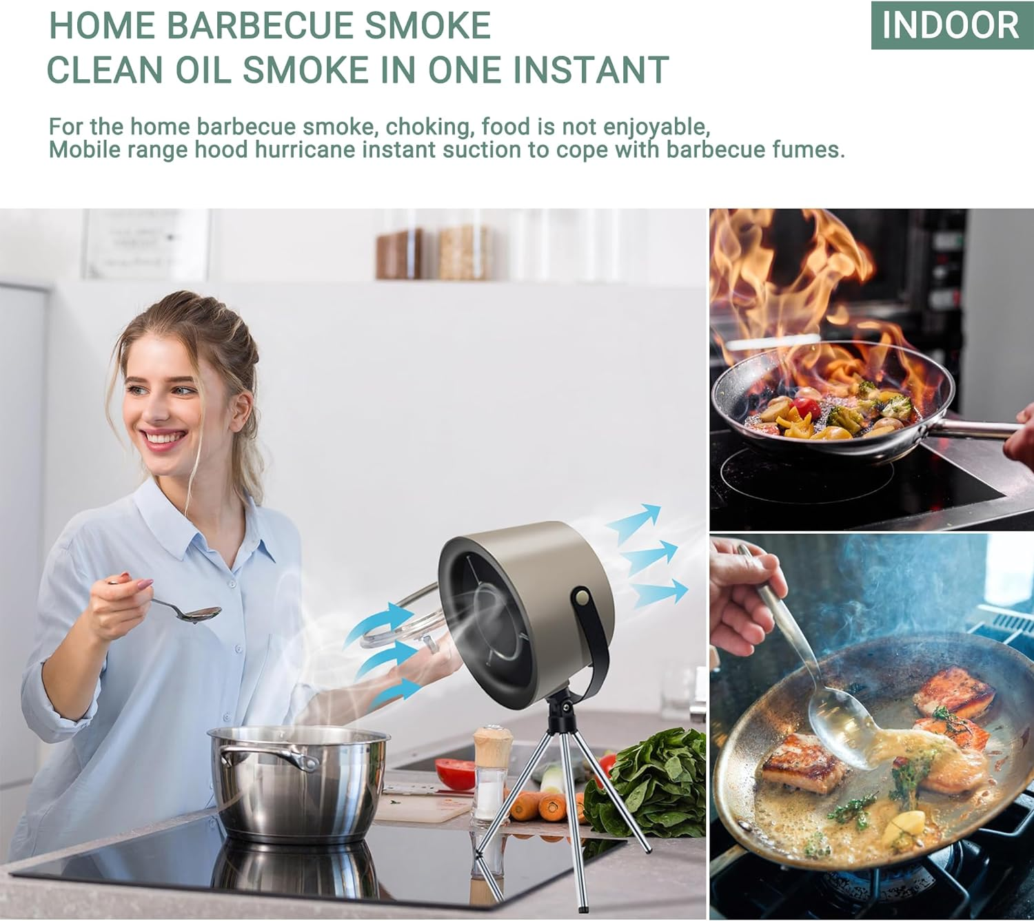 GRODLEN 3-Speed Desktop Portable Kitchen Exhaust Fan Stove Air Range Hood Smoke Filter Extractor Purifier for Cooking BBQ (White) image number 6