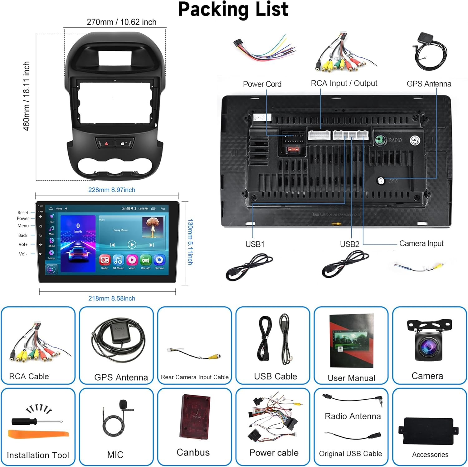 Android Car Stereo for Ford Ranger 2011-2015,Wireless Carplay Android Auto Car Radio,2G+64G 9&rsquo;&rsquo; Touch Screen Head Unit with GPS Navigation Wifi Bluetooth Mirror Link FM RDS AHD Backup Camera Mic image number 4