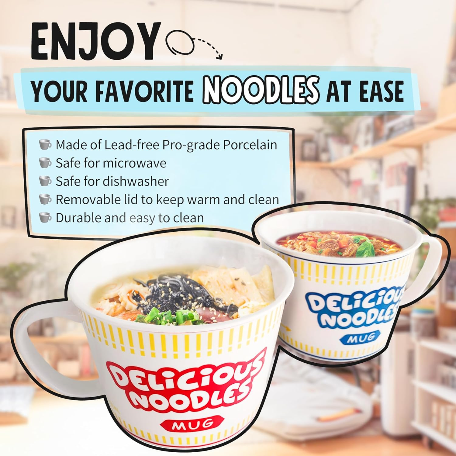 Sophie & Panda Porcelain Instant Noodle Bowl Mug with Handle 34 Oz - a Must-Have Accessory for Anyone Who Loves Asian Noodles - One Novelty 5.5&rdquo; X 4.5&rdquo; Ramen Bowl with Lid (Red) image number 1