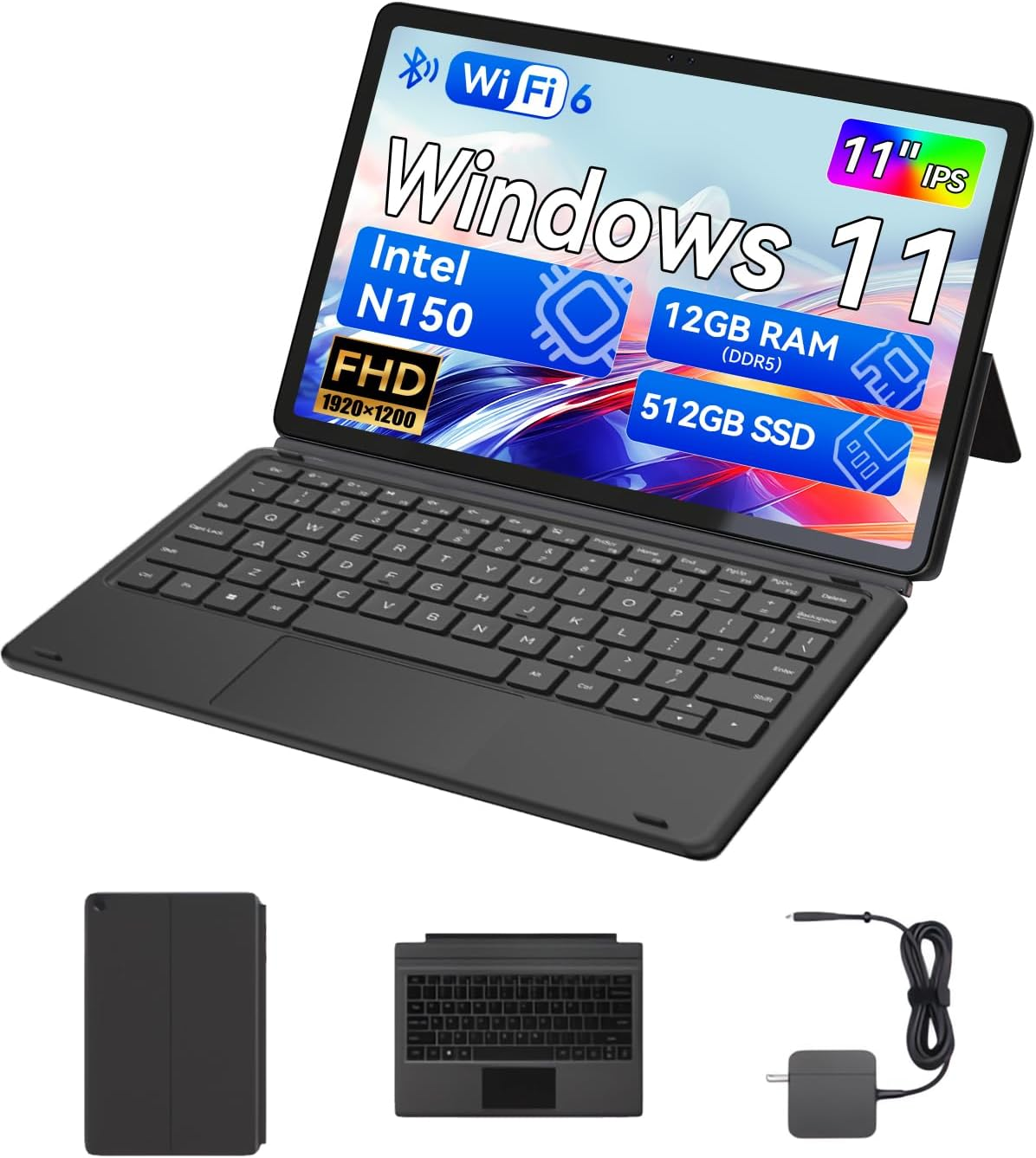 11 Inch Intel N150 2-In-1 Laptops, Windows 11 Touchscreen PC by BNCF, 12GB RAM 512GB Ssd,1920X1080 IPS FHD Portable Tablet USB-C/HDMI Wifi 6, 34.2Wh Battery with Pogo Pin Keyboard and Kickstand image number 6