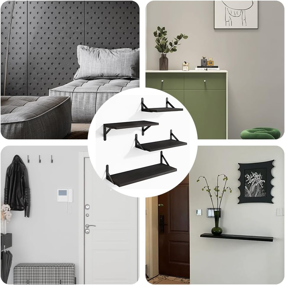 Floating Shelves, Rustic Wood Hanging Wall Mounted Storage Wood Display Shelf, 4 Sets of Wall Mounted Shelf for Bathroom Decor, Bedroom, Living Room and Plants (Black) image number 3