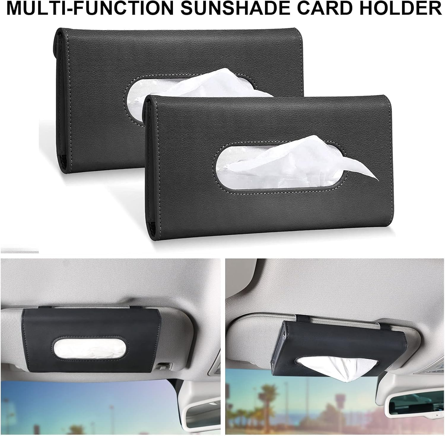 Car Tissue Holder - Multipurpose Car Visor Tissue Holder Leather Hanging Paper Towel Holder Fashion Car Sunshade Napkin Holder Durable Car Accessories Easy Install Suitable for Most Cars(1 Black+1 Beige) image number 1