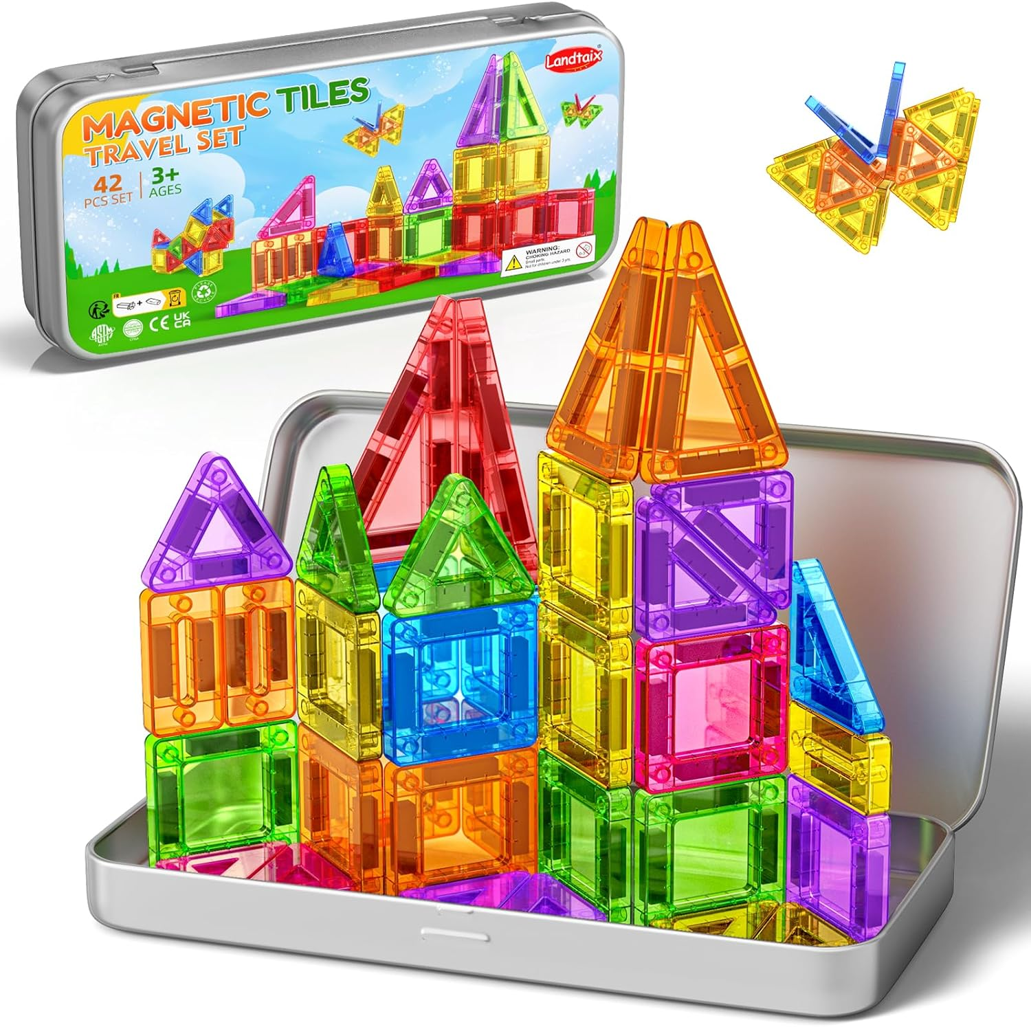 Travel Magnetic Tiles for Kids Ages 3-5 42PC Magnet Mini Building Blocks Kids Plane Toys for 3 4 5 6 7+Year Old Boys Girls Toddler Preschool STEM Construction Christmas Birthday Gifts with Iron Box image number 5