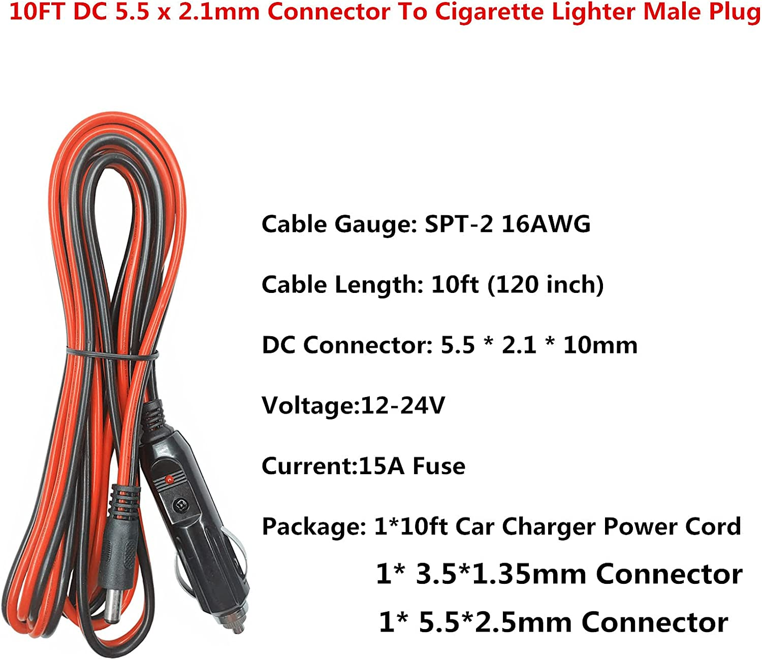 DC Car Charger Cable - 5.5Mm X 2.1Mm Connector to Cigarette Lighter Male Plug with Extra 2 Connectors 12-24V 15A Auto Power Supply Cord for Portable DVD Player, Car, Camera image number 4