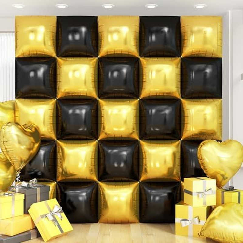 Square Foil Balloon Wall, 25Pcs Double Sided Balloon Backdrop Helium Mylar Balloon Tunnel Arch Garland Kit for Birthday Bridal Anniversary Baby Shower Party Decorations (Black Gold)