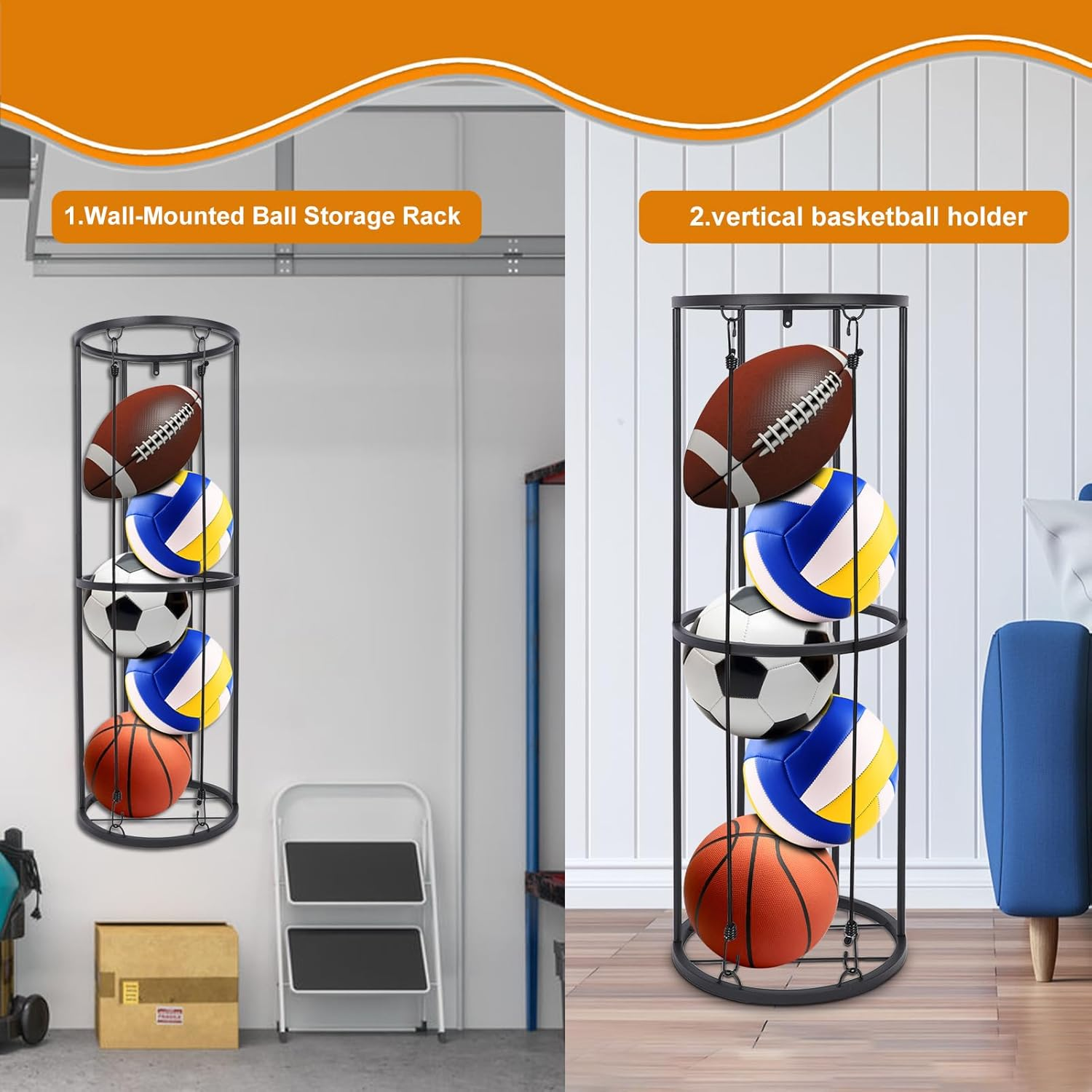 ZEMBSOYA Vertical Ball Storage Rack, Wall-Mounted Garage Sports Equipment Organizer for Basketball, Soccer and Volleyball.