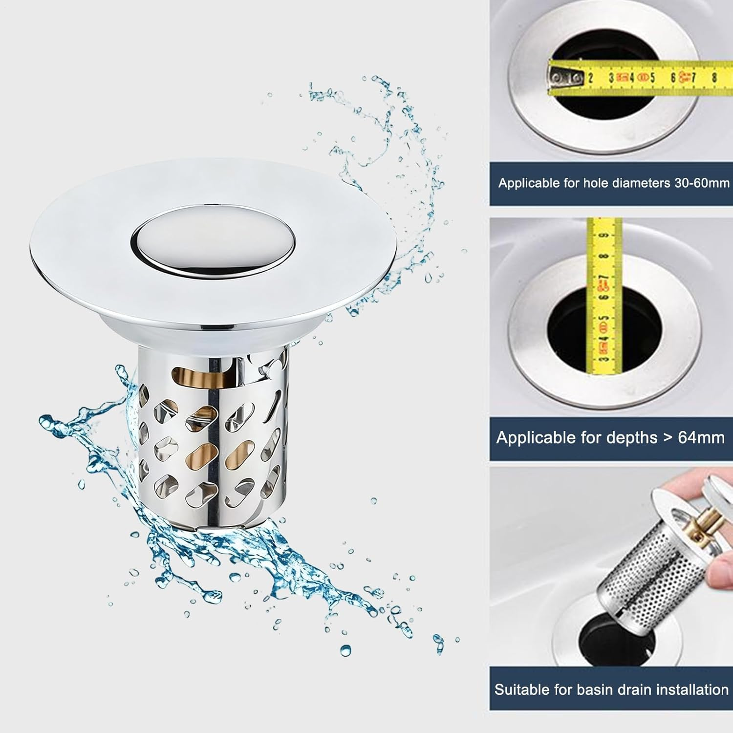 Bathroom Sink Drain Strainer,Stainless Steel Hair Catcher | Press Wash Basin Drain Unclogger | for Home Toilet Tub Bathtub Laundry Apartment Bar Indoor RV Balcony Basin image number 4