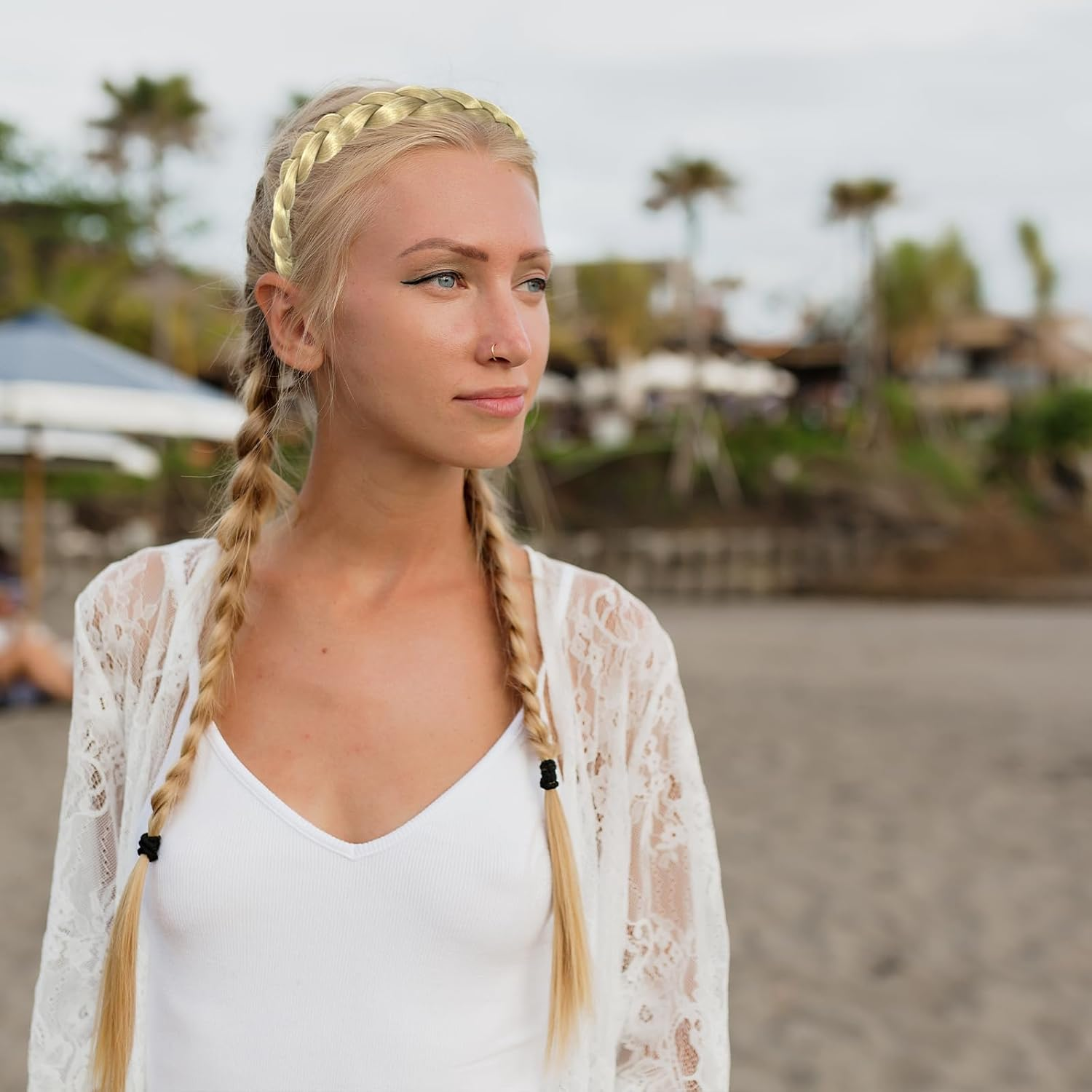 NILLOS Synthetic Hair Headband, 2 PCS Wide Braided Headband for Women (2 Colors, 40 Cm/15.74 In) image number 2