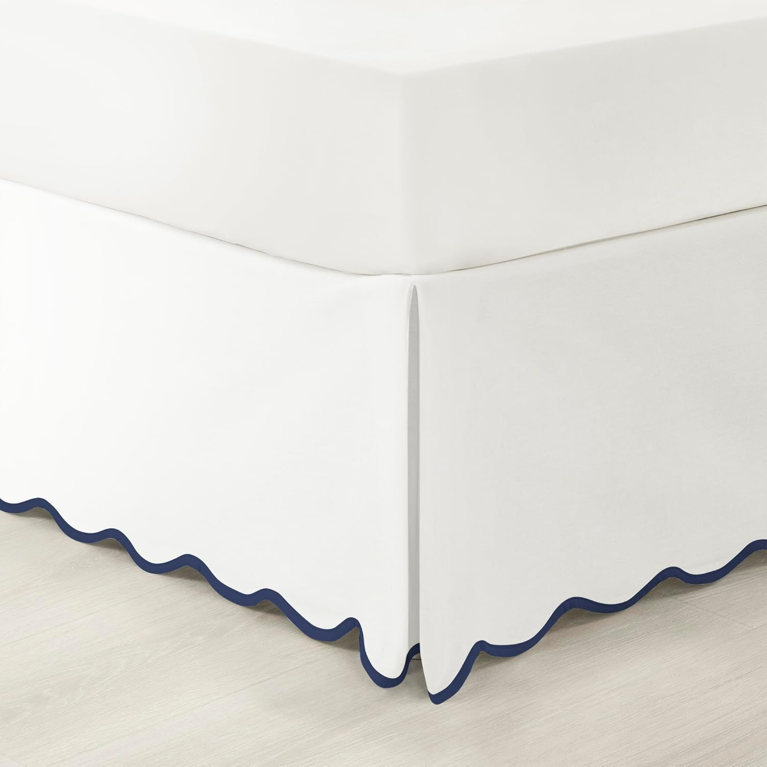 Lush Decor Coastal Chic Scallop Edge Linen Textured Bed Skirt Blue/White Single King - Soft Elegant Luxury Easy Fit Elastic Band Tailored Bedskirt