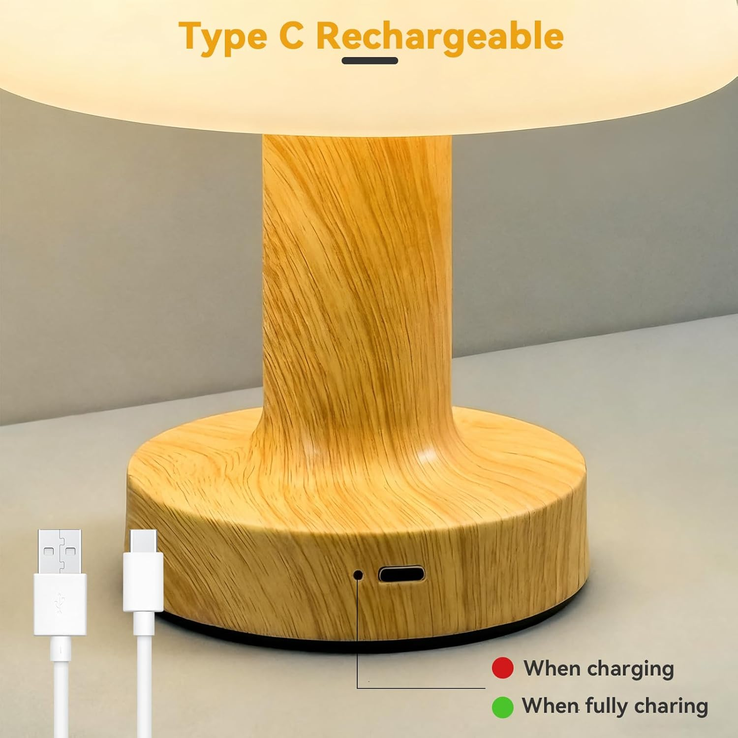 Mushroom Table Lamp, Rechargeable LED Night Light with 3 Color Touch Stepless Dimming, Battery Operated Ambient Lighting Bedside Lamp for Bathroom, Bedroom, Kidsroom, Outdoor, Restaurant image number 4