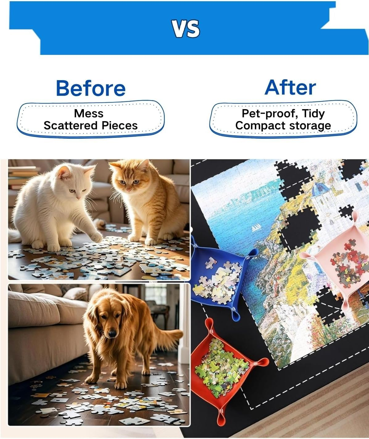 Roll-Up Jigsaw Puzzle Mat for 500-2000 Piece Puzzles Storage, Soft Felt Weave with 4 Sorting Trays & Bag, Portable Organizer for Adults & Teens, Travel-Friendly Puzzle Lovers image number 2