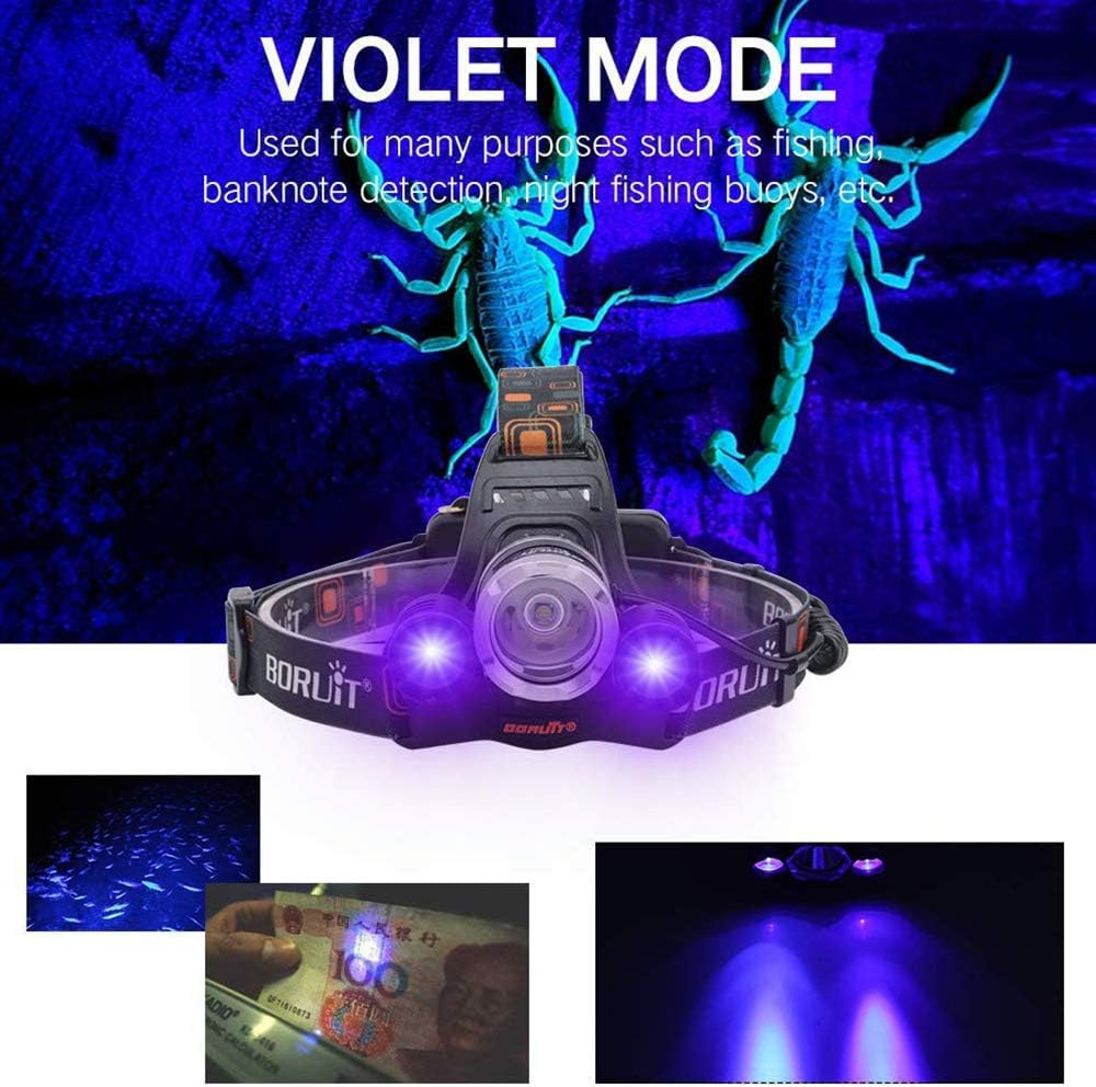 LED Light Headlamp - 5000 Lumens Rechargeable Blacklight Headlight for Night Fishing, Scorpions Hunting, Auto Oil and HVAC Leaks, Detect Fake Money/Jewelry/Pet Urine Stains (Uv+White Light) image number 1