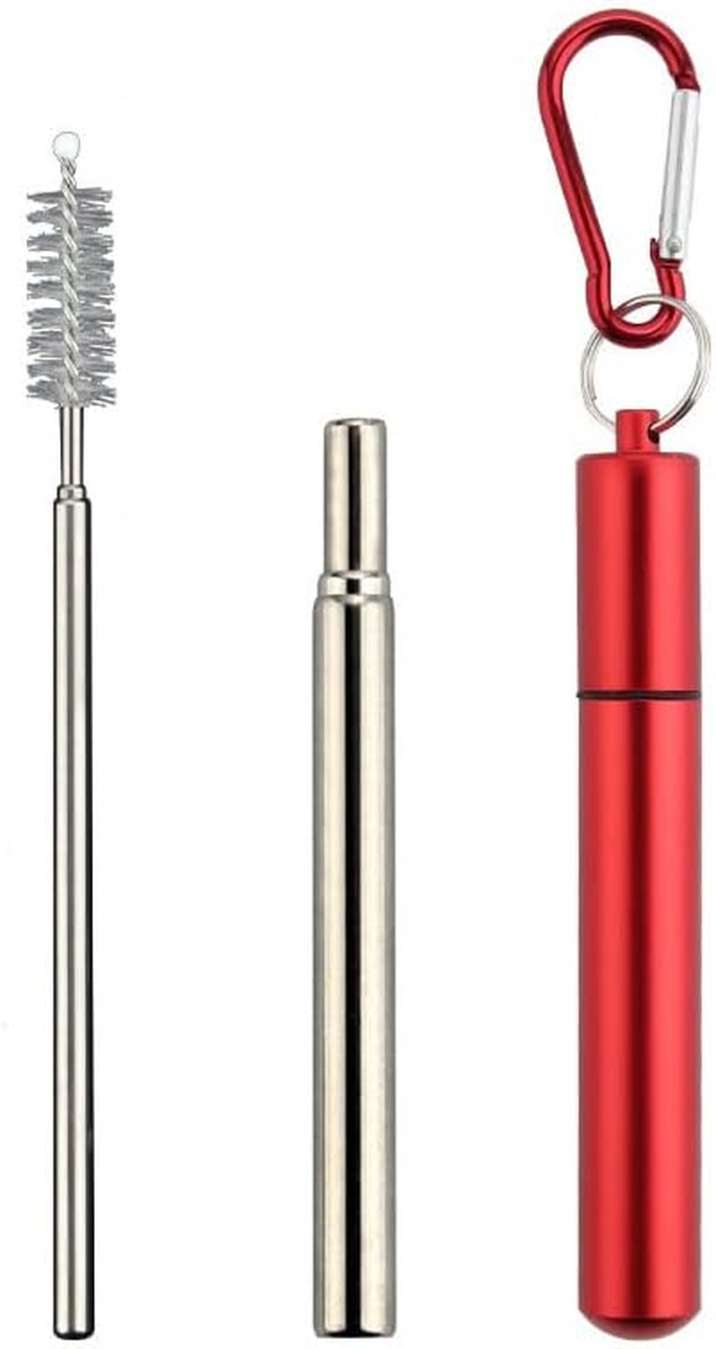 1PCS Reusable Stainless Steel Straw,Collapsible Stainless Steel Drinking Straw Telescopic Straw (With Keychain Case & Cleaning Brush) for Smoothie, Milkshake, Cocktail and Hot Drinks (Red)
