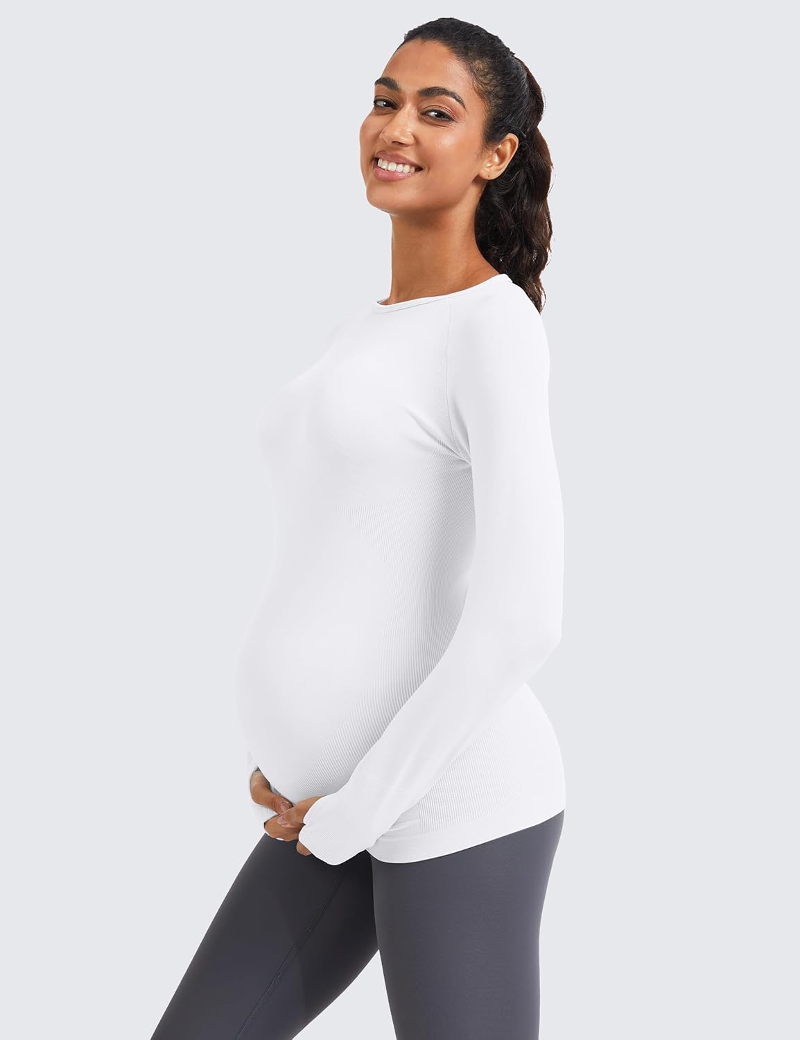 Mathcat Seamless Maternity Shirts Long Sleeve Maternity Tops for Women Pregnancy Shirts Athletic Workout Yoga Casual Tee