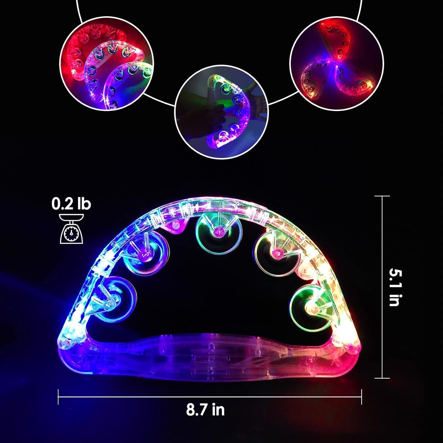 LED Tambourine - Flashing Handheld Percussion Instruments for Adults - Light up Tambourine with Batteries Included image number 1