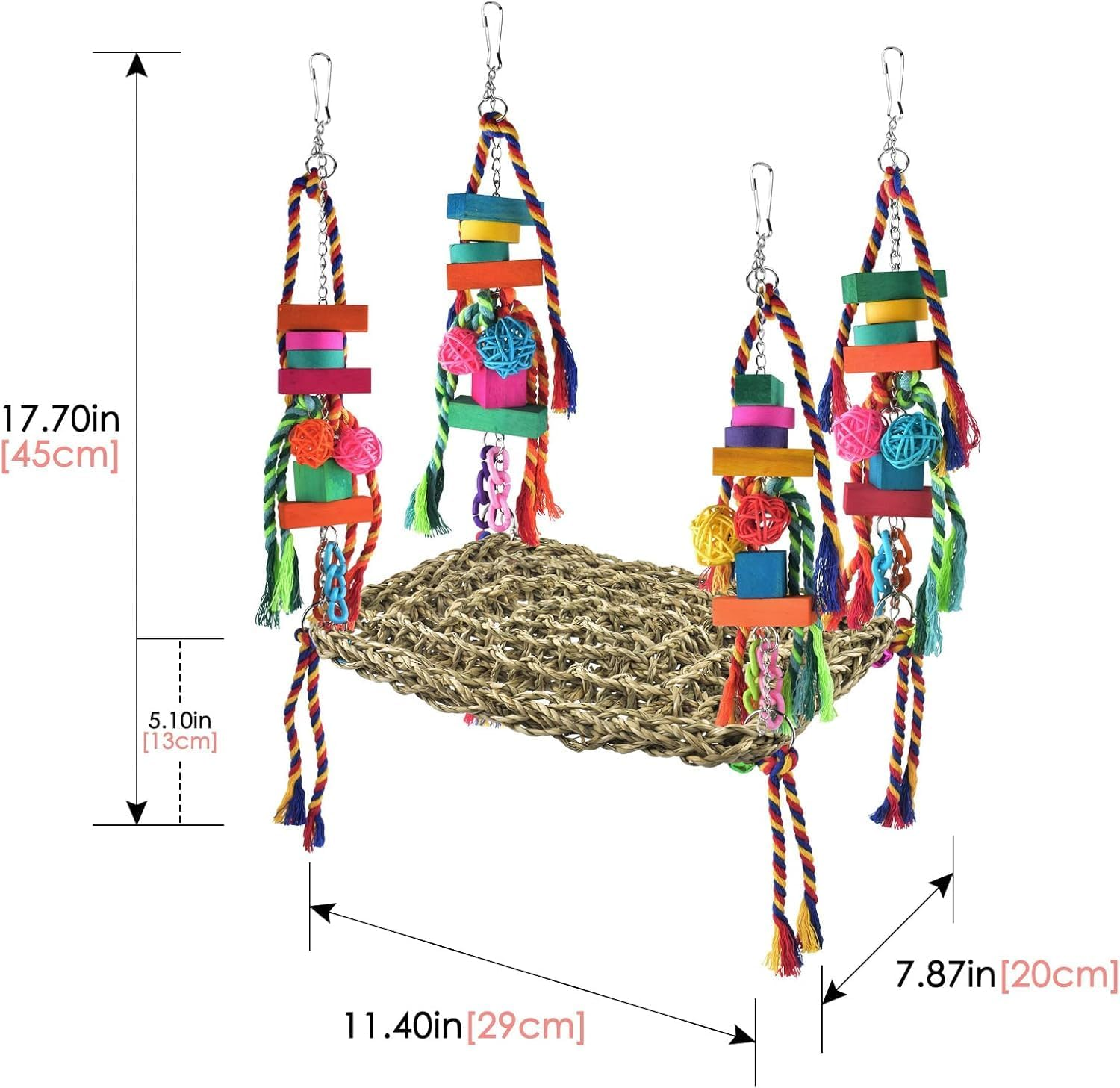Bird Toys, Bird Foraging Wall Toy Large Size Seagrass Woven Climbing Hammock Swing Mat with Colorful Chewing Toys for Lovebird, Parakeet, Budgie, Conure, Cockatiel, Small Birds image number 4
