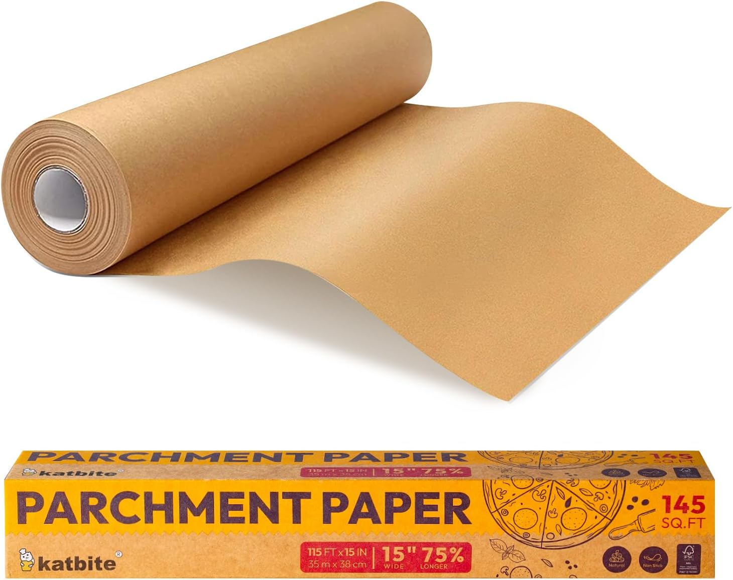 Katbite 15In X 115Ft, 145 Sq.Ft Parchment Paper Roll for Baking,Parchment Baking Paper with Serrated Cutter, Non-Stick Longer Unbleached Parchment Roll for Cooking, Air Fryer, Steaming, Bread image number 1