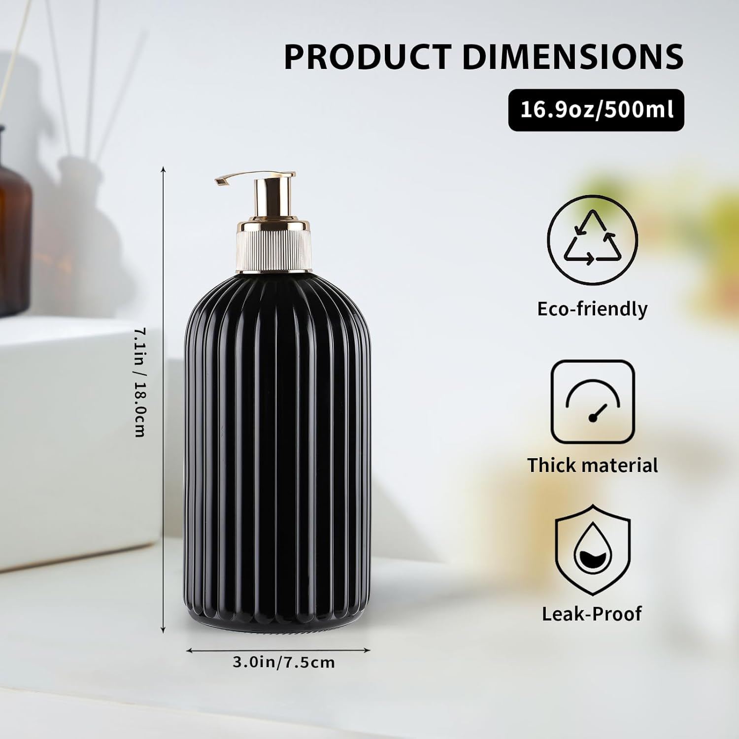 DEROANBOTT Bathroom Shampoo and Conditioner Dispenser, Reusable Plastic Bottles for Shampoo and Shower Gel, with Waterproof Labels, Soap Dispenser with Pump (Black)
